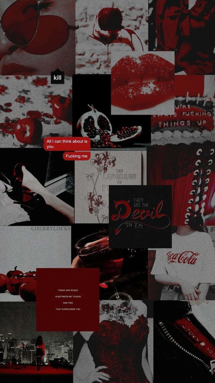Black And Red Aesthetic 桌布 壁紙 — 深紅色和黑色的拼貼畫，包含挑釁性的圖像，包括嘴唇、石榴、文字和城市場景，具有陰鬱的美感。