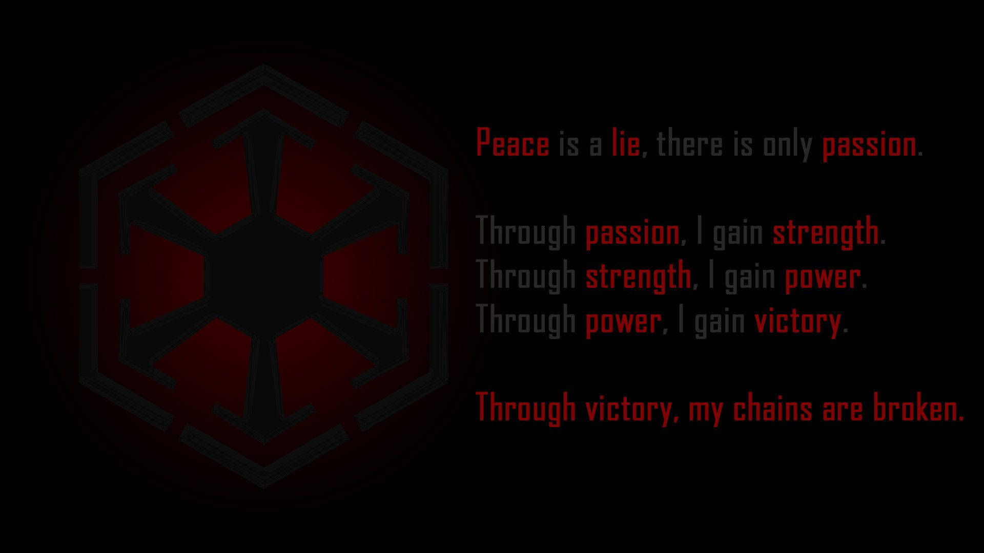 Sith 桌布 壁紙 — 深紅色帝國紋章在黑色背景上發光，並以粗體紅色文字宣告激情、力量、權力和勝利。