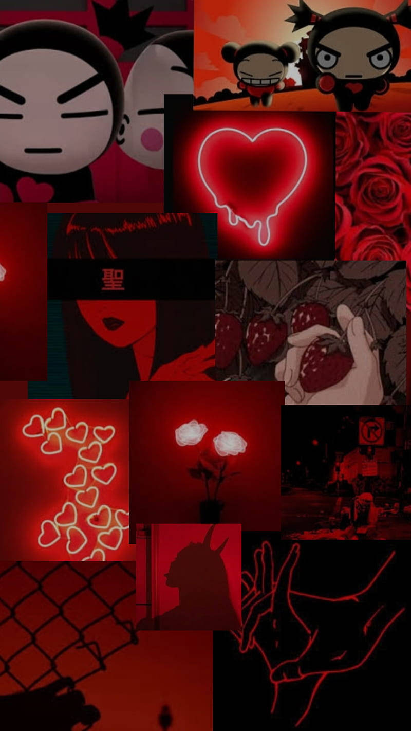 Pucca 桌布 壁紙 — 深紅色拼貼畫，包含動漫角色、發光的心形、玫瑰和手，背景充滿氛圍。