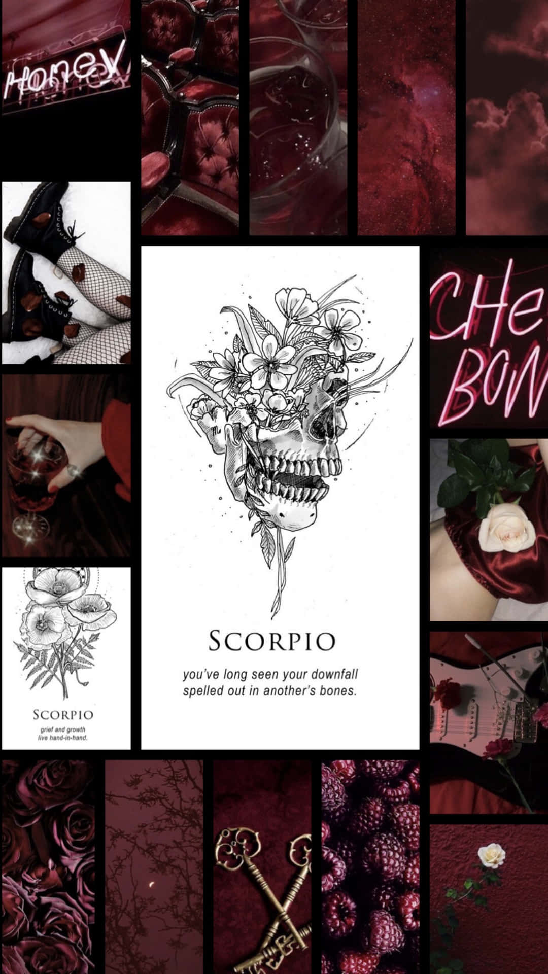 Scorpio 桌布 壁紙 — 深紅色拼貼畫，包含花卉骷髏紋身設計、玫瑰、酒杯和復古鑰匙，並帶有憂鬱的文字。
