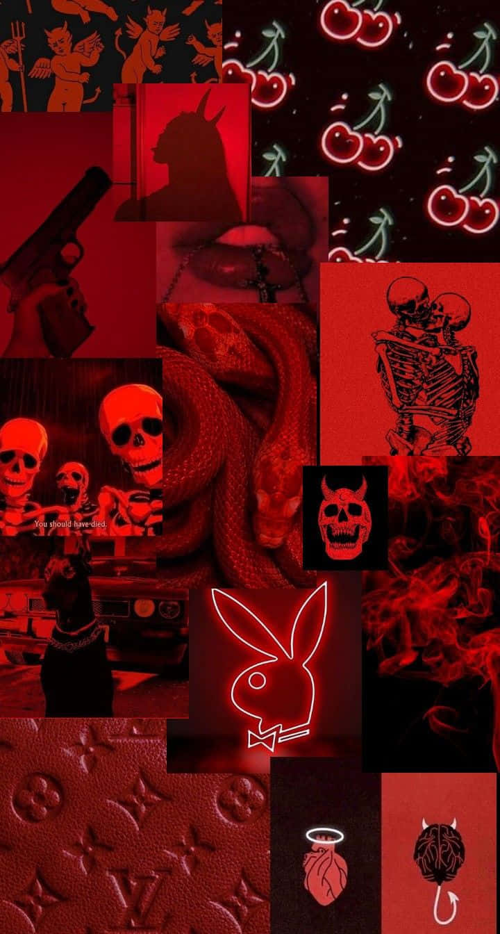 桌布 壁紙 — 深紅色拼貼畫，包含骷髏、櫻桃、魔鬼和奢華標誌，營造陰鬱美學。