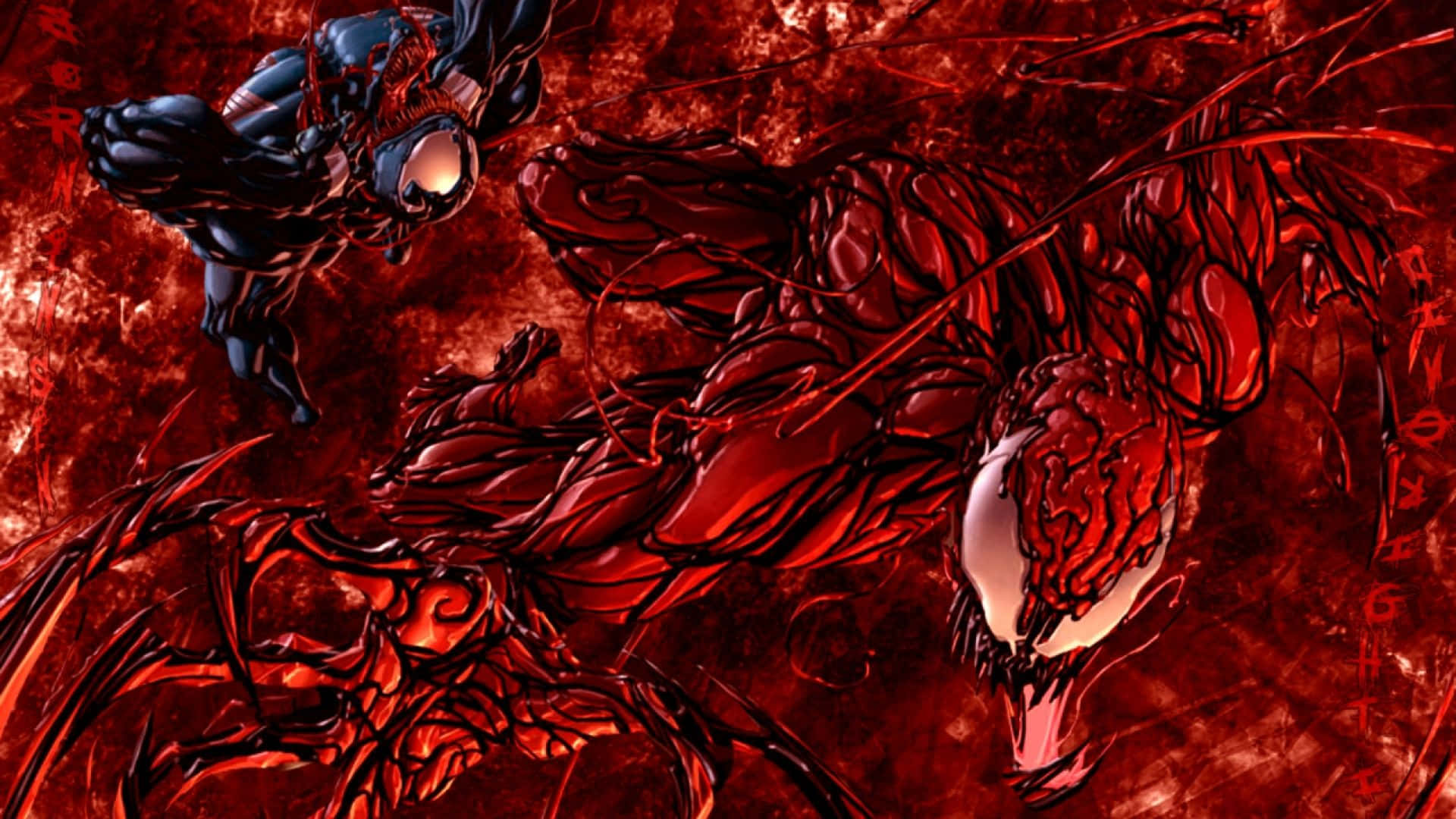 Carnage USA 桌布 壁紙 — 深紅色插圖戰鬥場景，兩個漫畫角色以動態戰鬥姿勢呈現。
