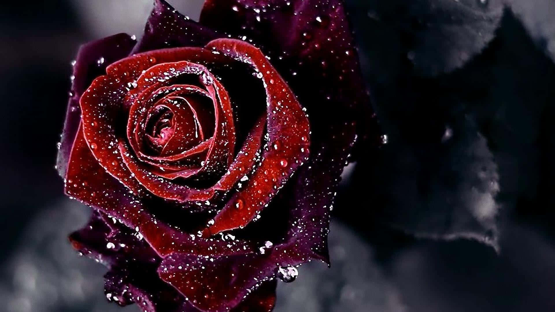 Roses 桌布 壁紙 — 深紅色玫瑰的特寫，帶有閃閃發光的水珠，背景為深色模糊。