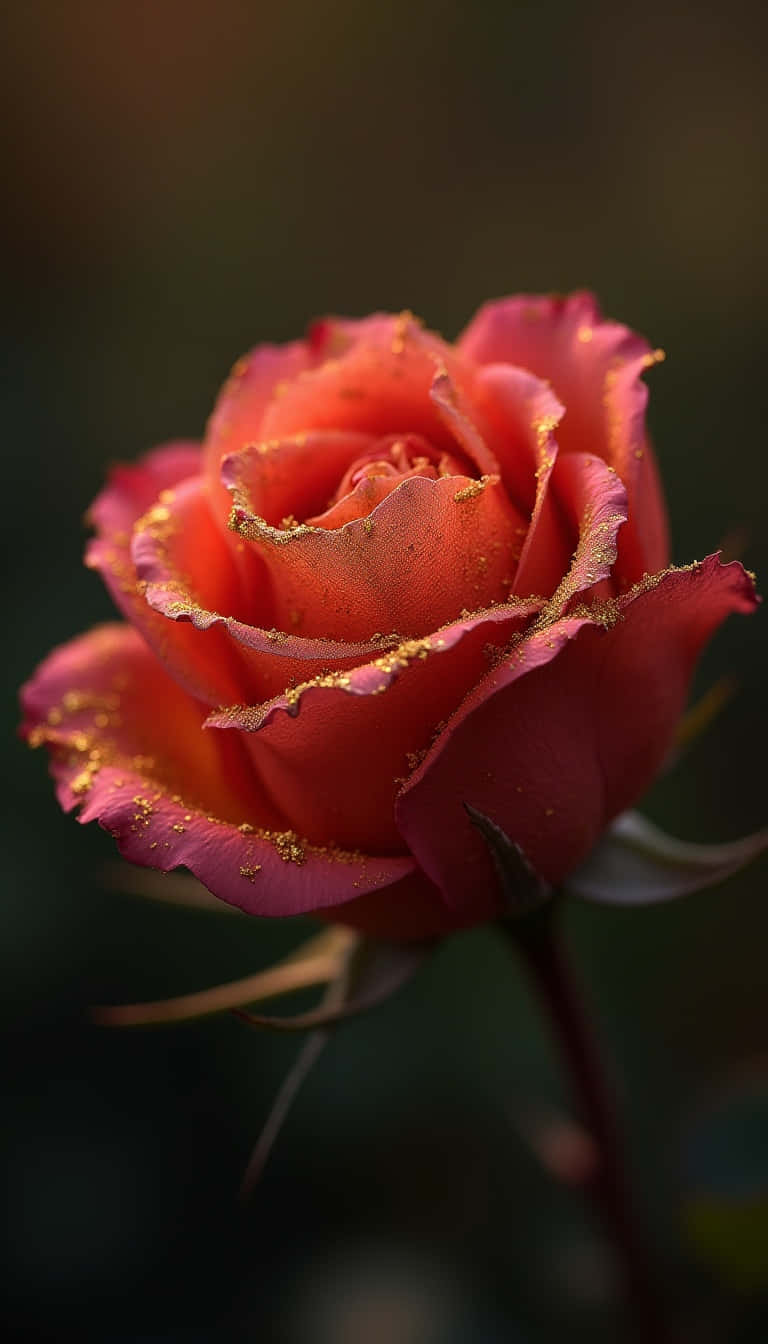 Flower 壁紙 — 深紅色玫瑰的特寫，金色亮粉灑在其精緻的花瓣上，背景為深色模糊。
