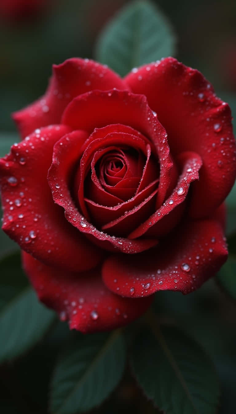 Flower 壁紙 — 深紅色玫瑰的特寫，露珠在絲絨般的花瓣上閃閃發光，襯托著深綠色的葉子。
