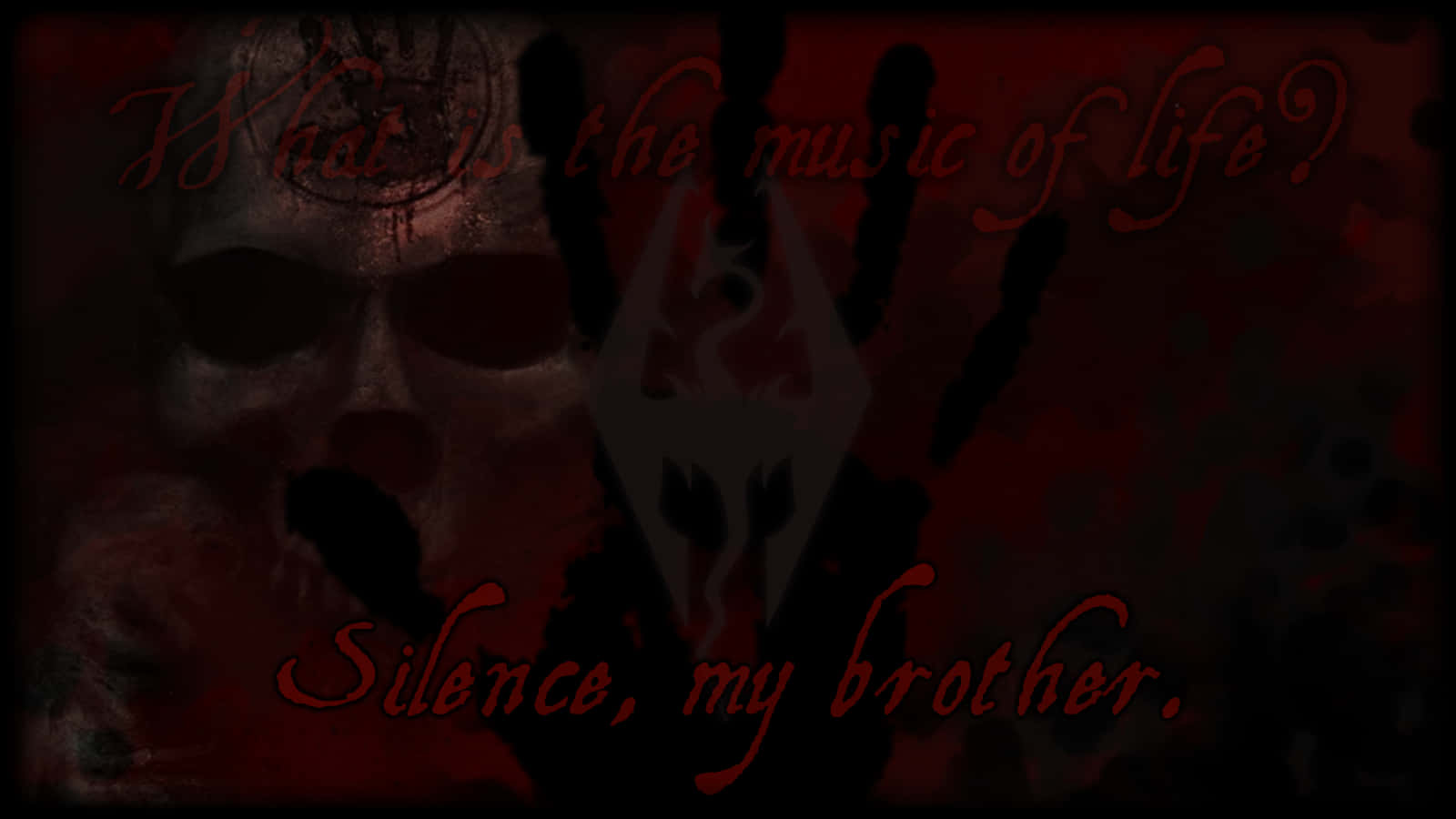 Dark Brotherhood 桌布 壁紙 — 深紅色紋理背景上有一個骷髏頭和一個手印，並附有哥德式文字，詢問生命的音樂。