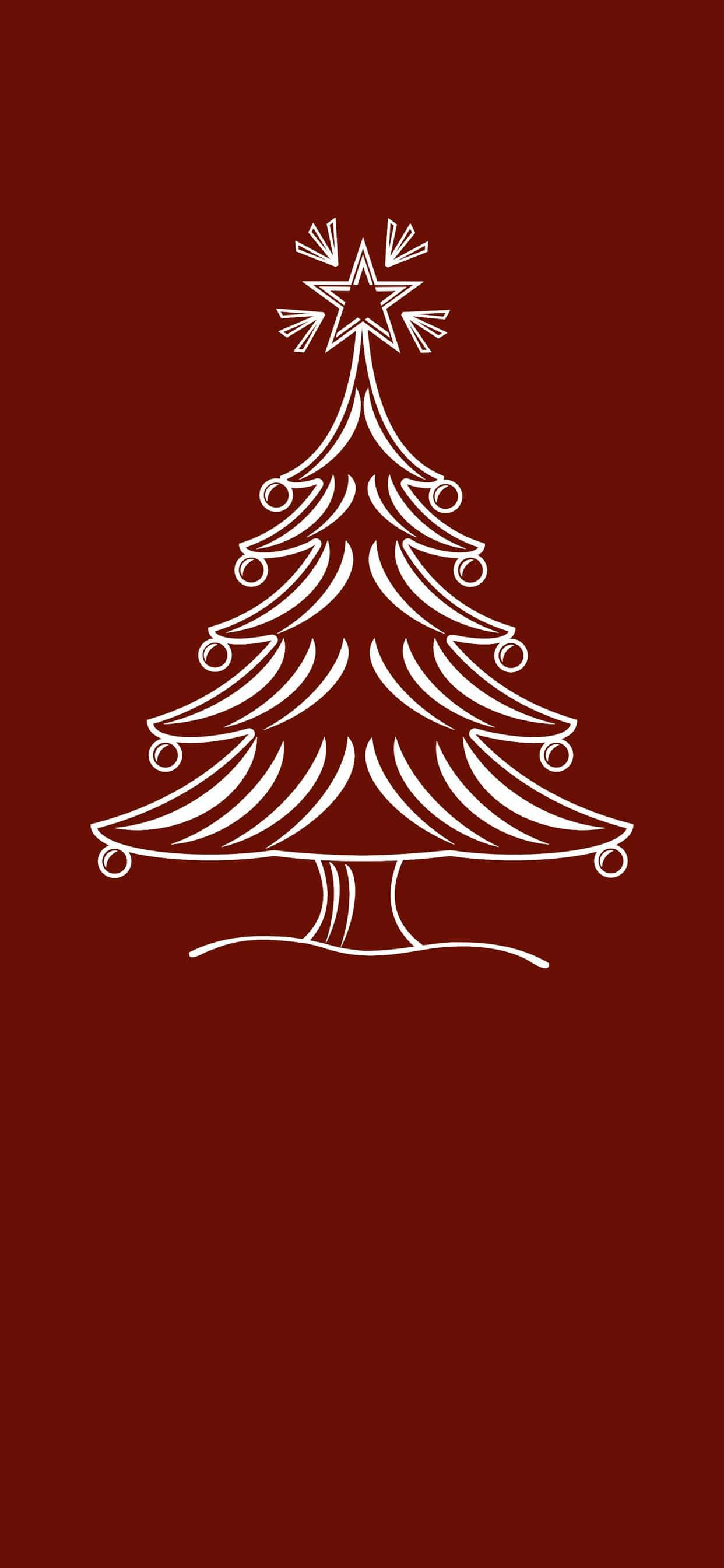 Red Christmas iPhone 桌布 壁紙 — 深紅色背景上，一個帶有星星裝飾的風格化聖誕樹的極簡白色線條畫。