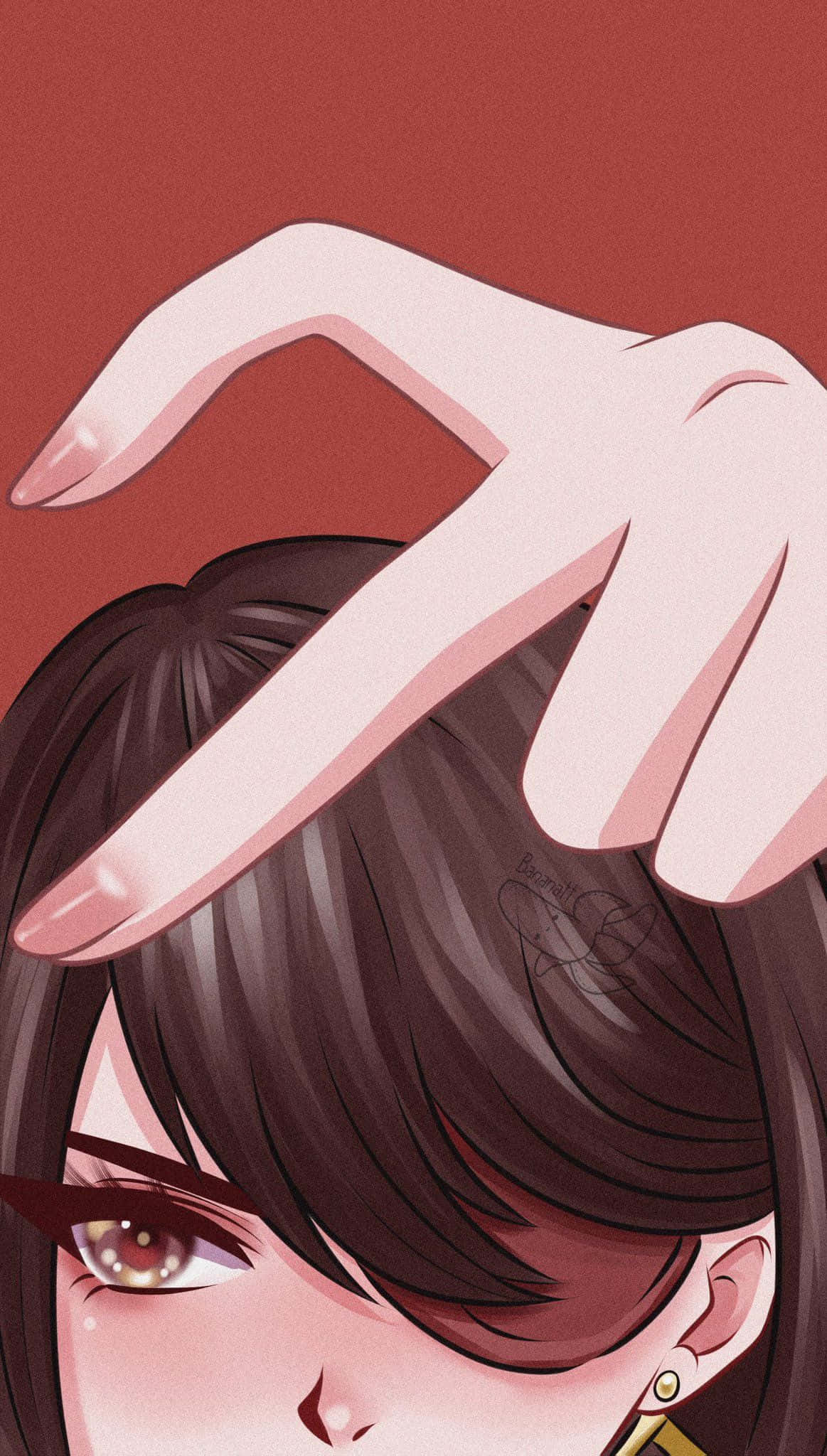 動漫女孩 桌布 壁紙 — 深紅色背景上，一隻手輕輕放在深色頭髮上的特寫動漫風格插圖。