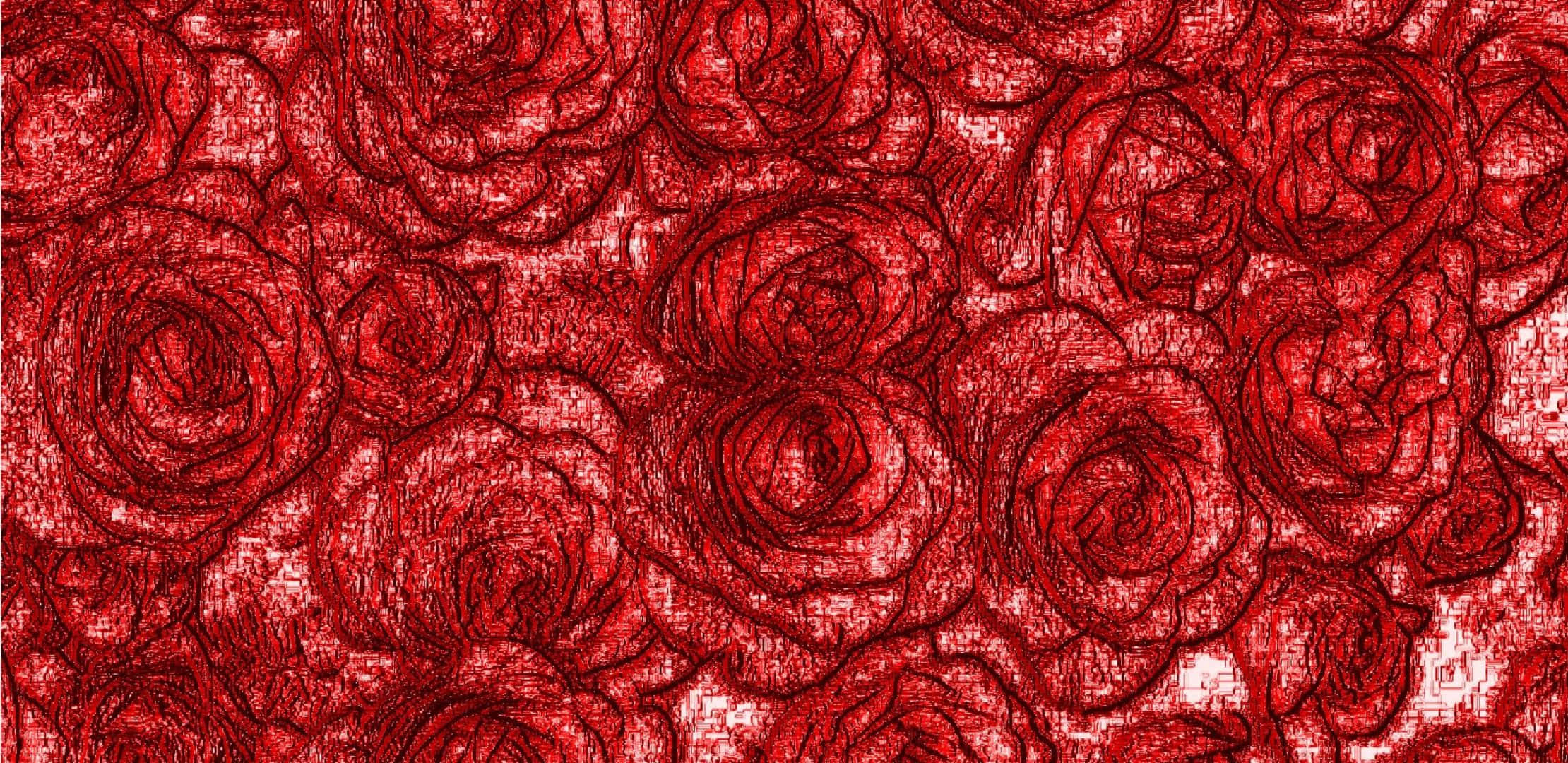 2220x1080 桌布 壁紙 — 深紅色背景上，以帶有白色斑點的紋理素描線條繪製的密集紅玫瑰圖案。