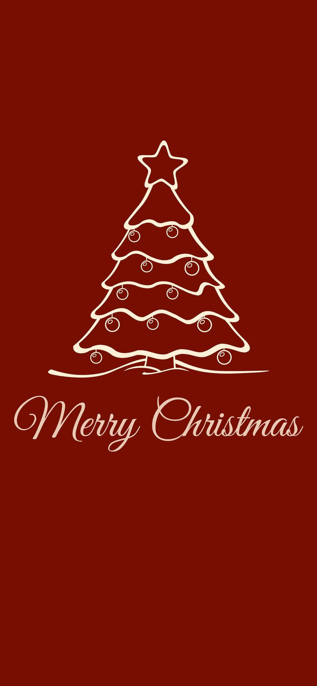 Red Christmas iPhone 桌布 壁紙 — 深紅色背景上，以白色線條繪製的簡約聖誕樹，飾有裝飾品和星星，並帶有草書「Merry Christmas」文字。