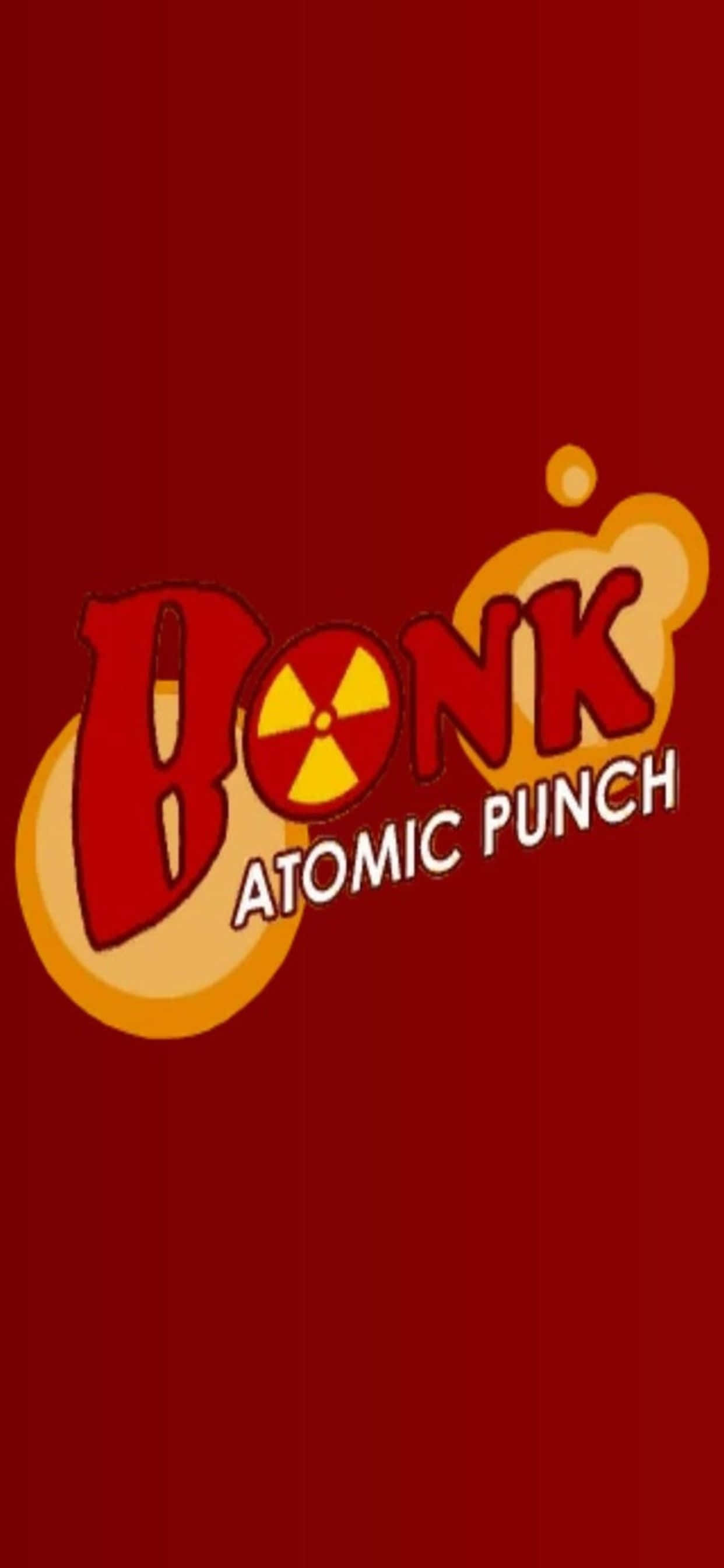iPhone Xs Max Tf2 桌布 壁紙 — 深紅色背景上帶有核符號的「Bonk Atomic Punch」大膽紅黃標誌。