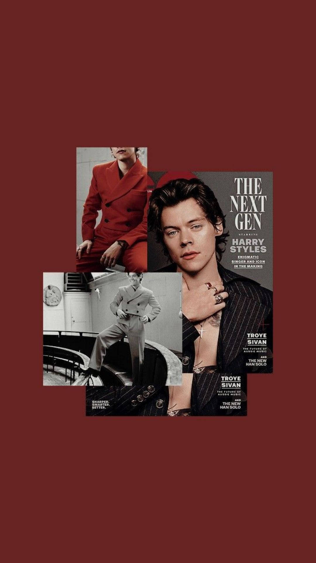 哈利·史泰爾斯 桌布 壁紙 — 深紅色背景上的Harry Styles和Troye Sivan雜誌封面拼貼畫。