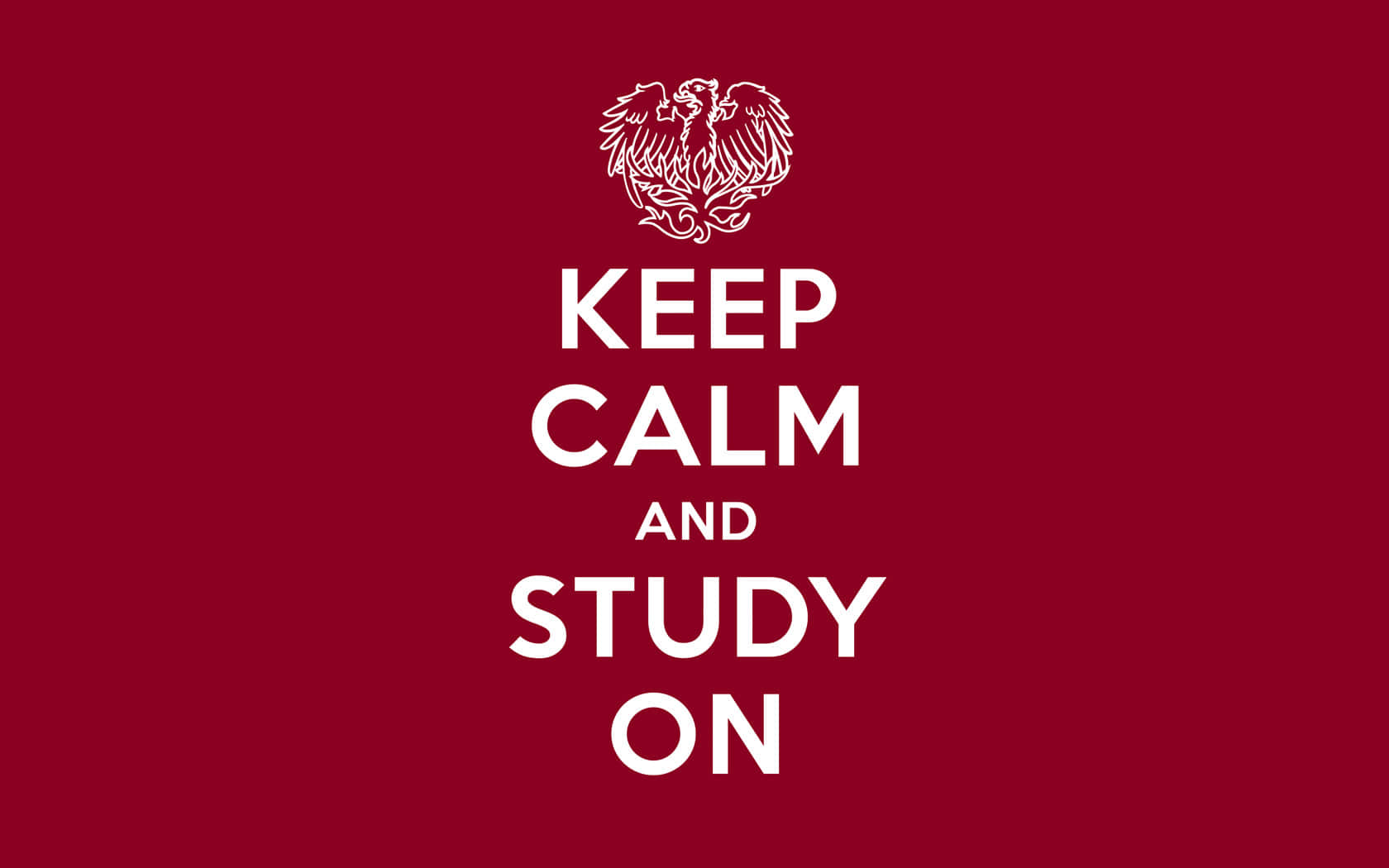 Creativity Memes 桌布 壁紙 — 深紅色背景上的粗體白色文字寫著「KEEP CALM AND STUDY ON」，下方有一個白色雙頭鷹徽章。