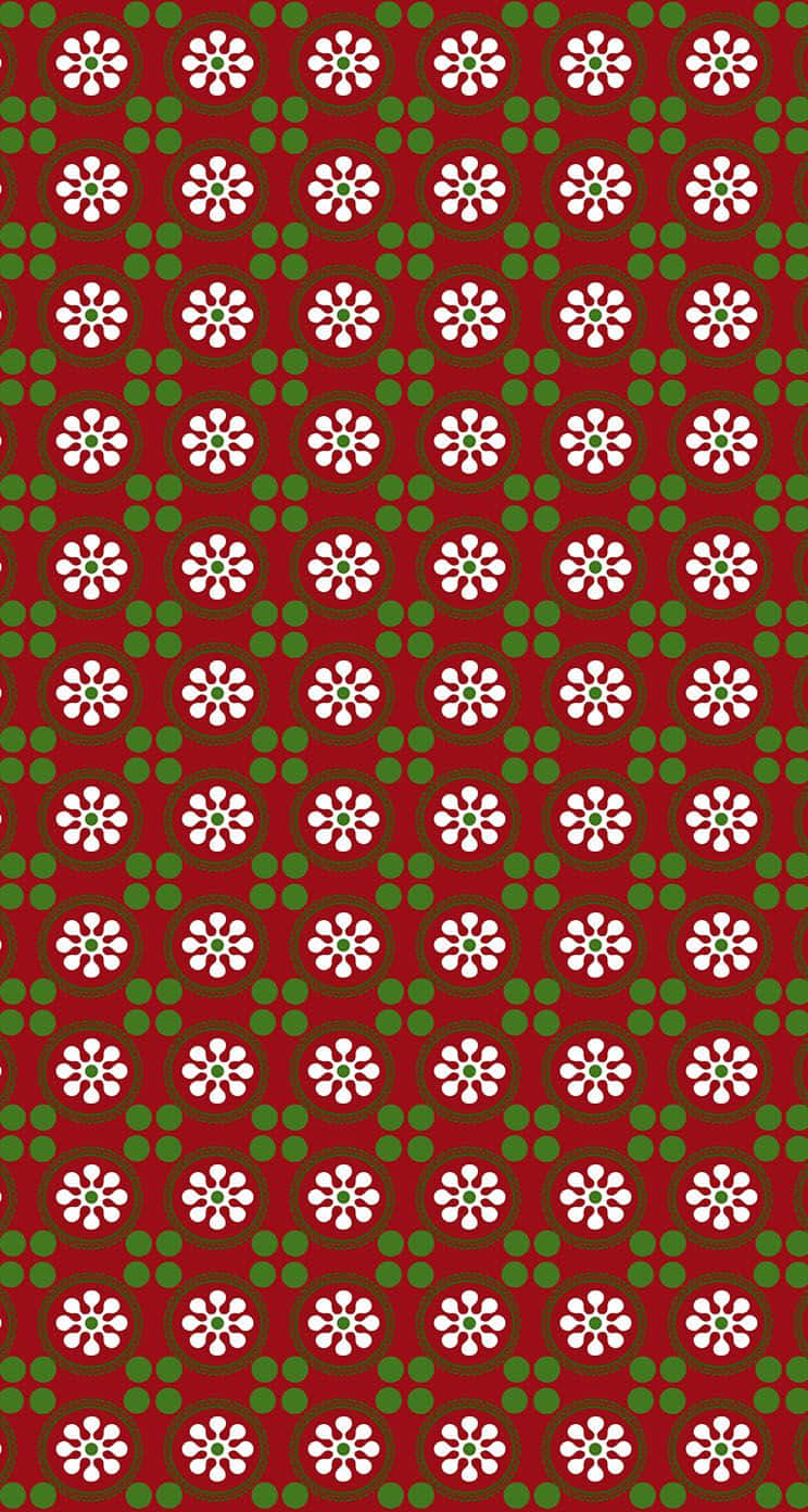 Christmas Pattern 桌布 壁紙 — 深紅色背景上重複出現白色花朵和綠色圓點圖案。