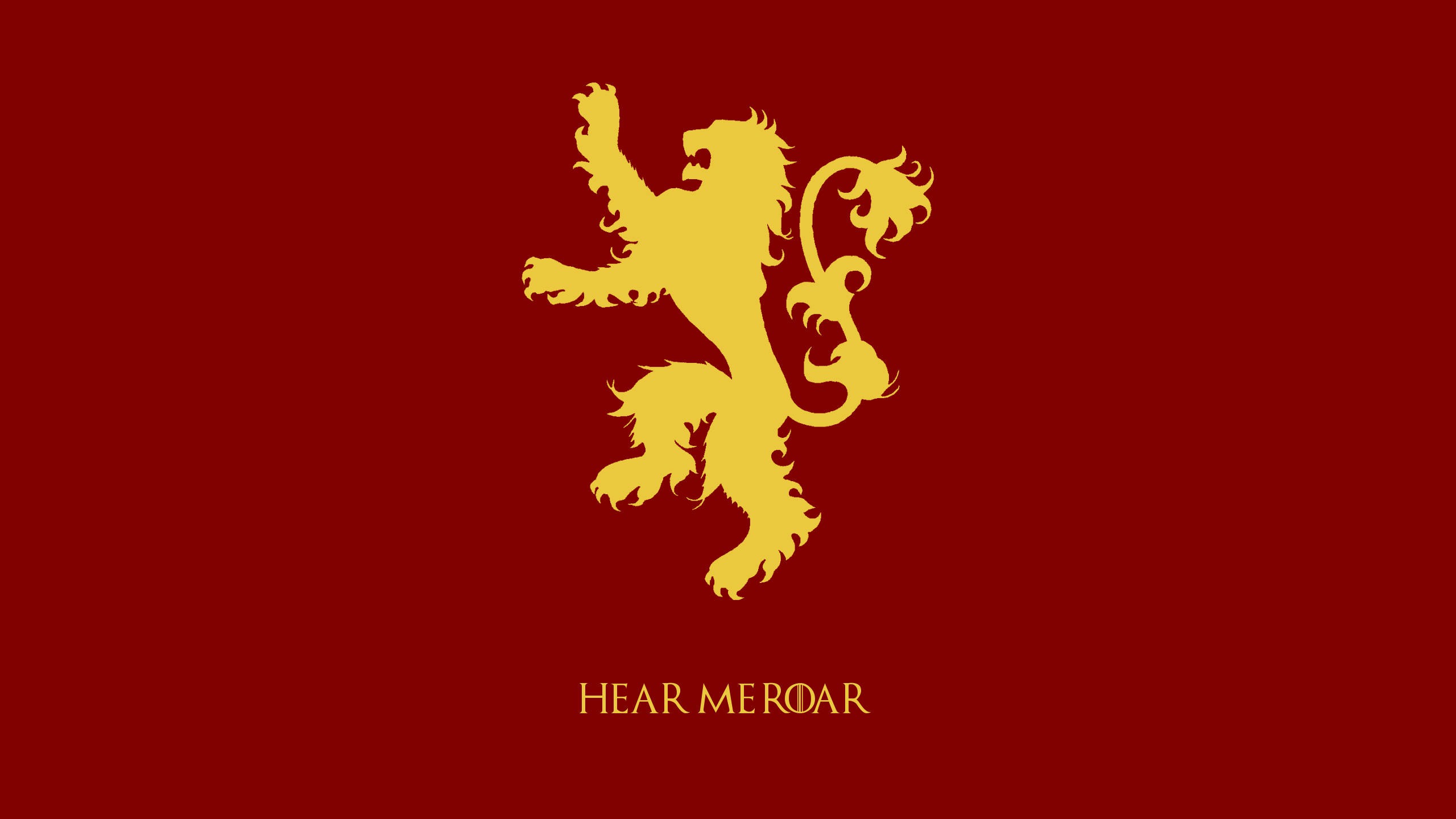 House Lannister 桌布 壁紙 — 深紅色背景上金色躍獅徽章，下方有格言「HEAR ME ROAR」。