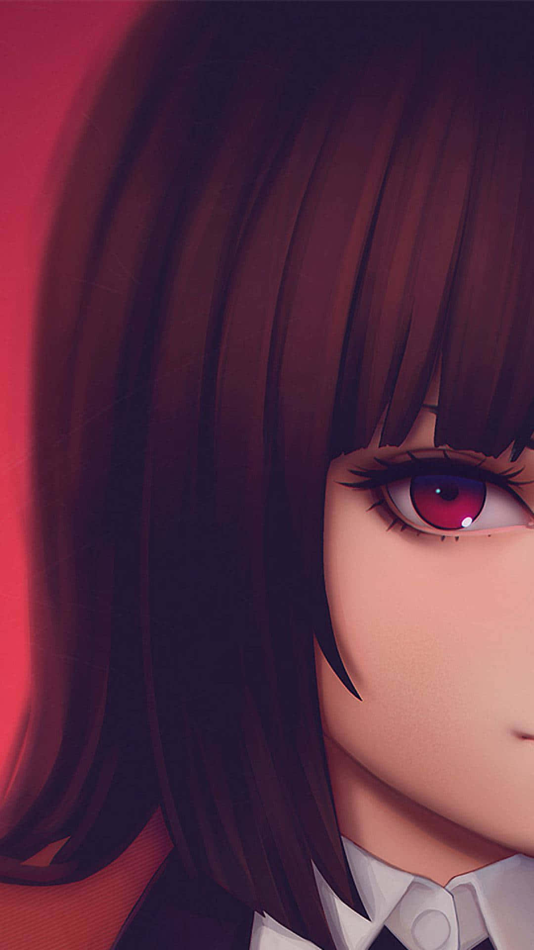 Kakegurui 桌布 壁紙 — 深紅色背景前，黑髮紅眼動漫少女的特寫。