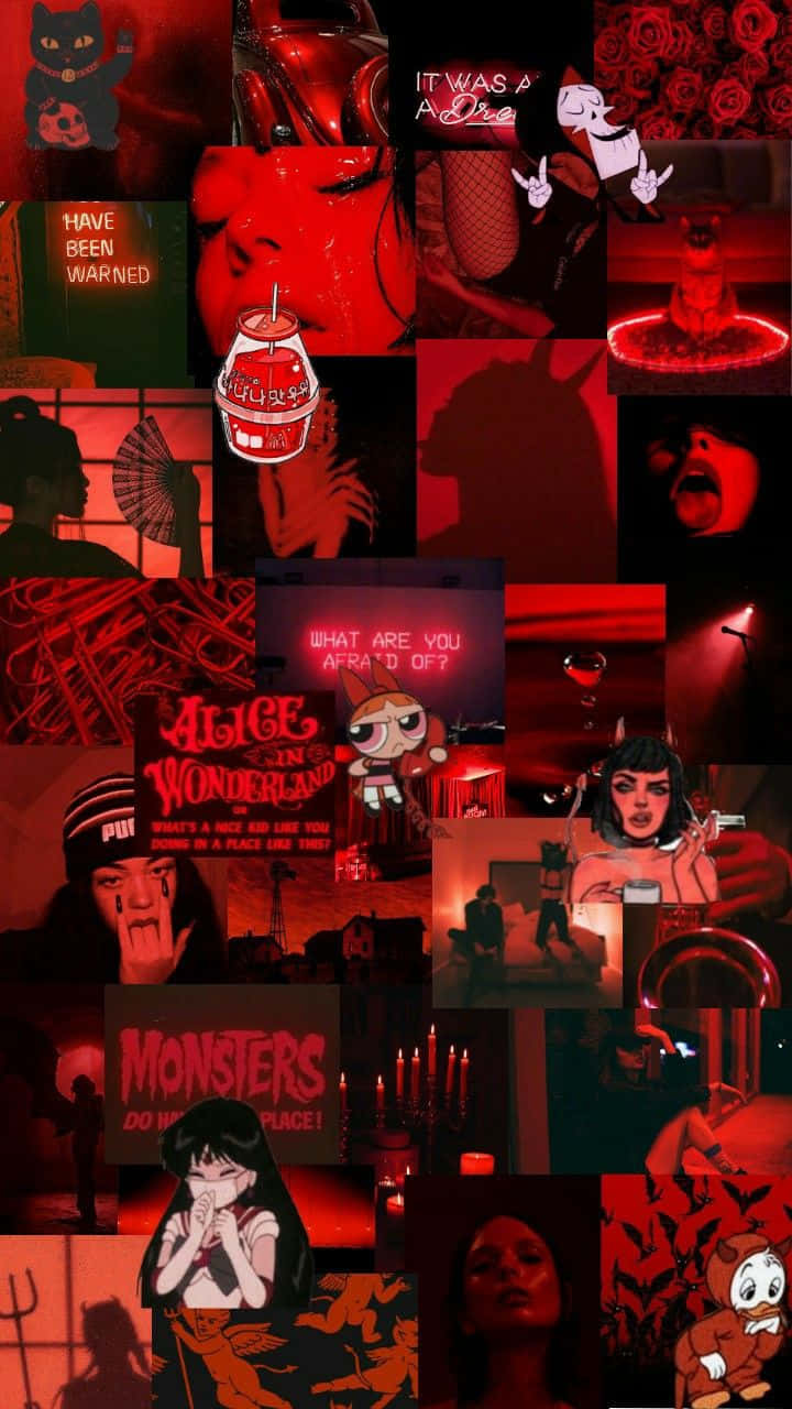 Red Cute Aesthetic 桌布 壁紙 — 深紅色調的恐怖與奇幻圖像拼貼，包含動漫角色、怪物和詭異場景。