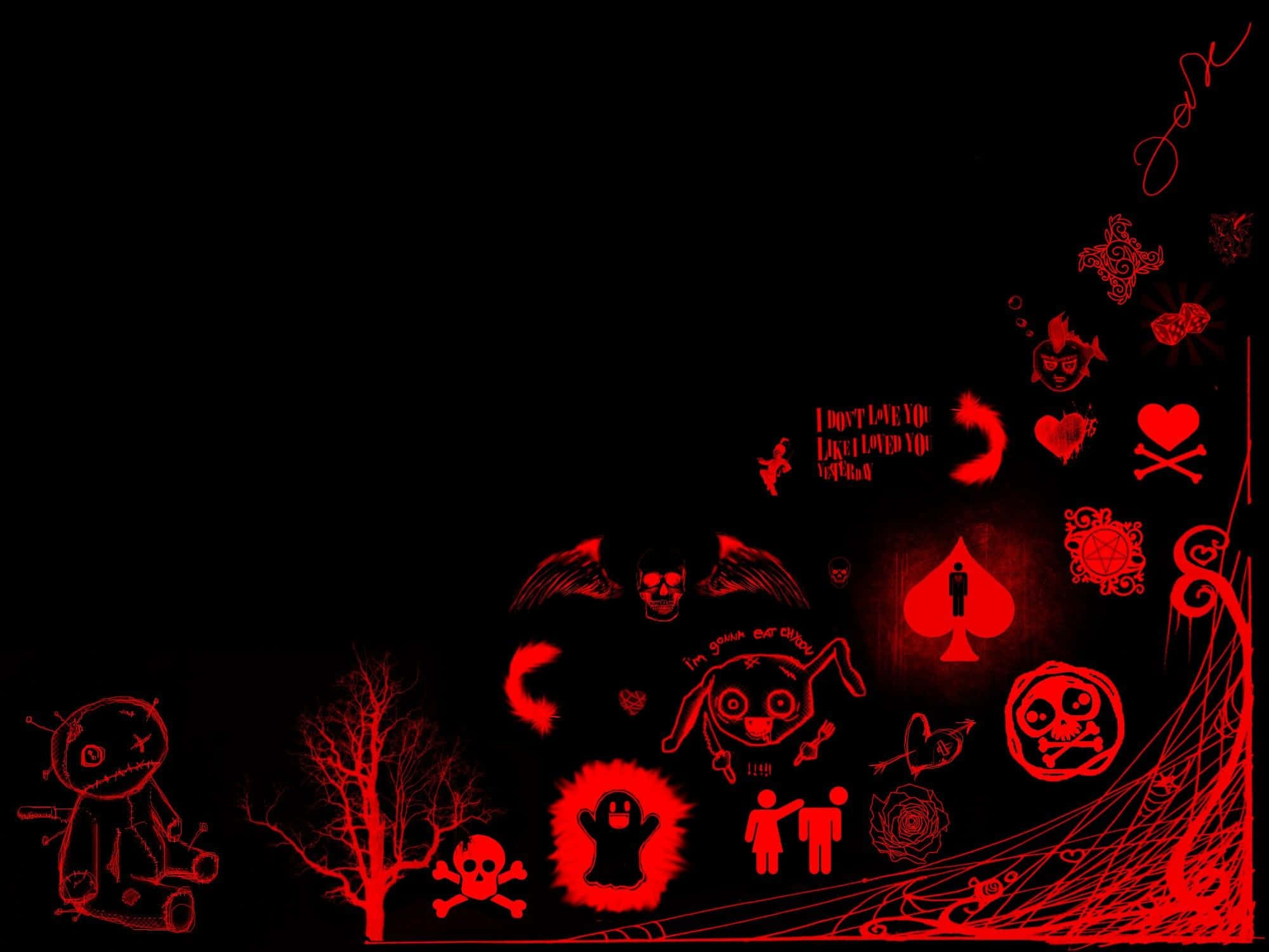 Spooky 桌布 壁紙 — 深紅色霓虹塗鴉風格壁紙，帶有恐怖符號、骷髏頭、心形和怪異角色，背景為黑色。