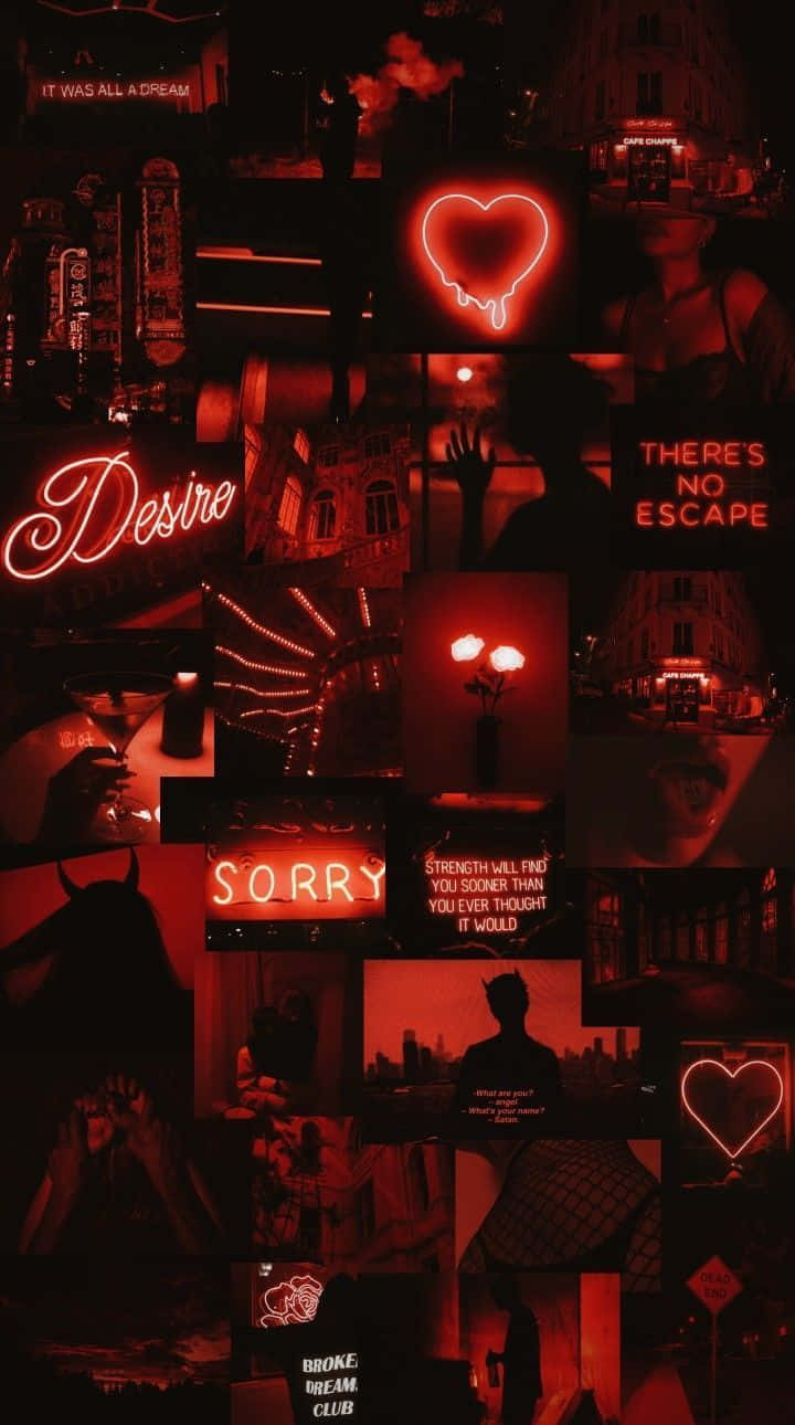 Neon Red Aesthetic 桌布 壁紙 — 深紅色霓虹拼貼，包含發光的心形標誌、文字短語和剪影，以城市夜景為背景。