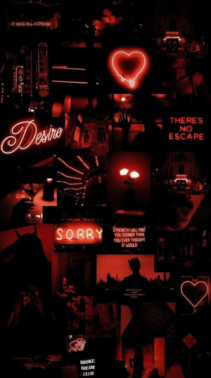 Red Cute Aesthetic 桌布 壁紙 — 深紅色霓虹拼貼畫，以發光的心形和文字元素為特色，背景是陰暗的城市場景。