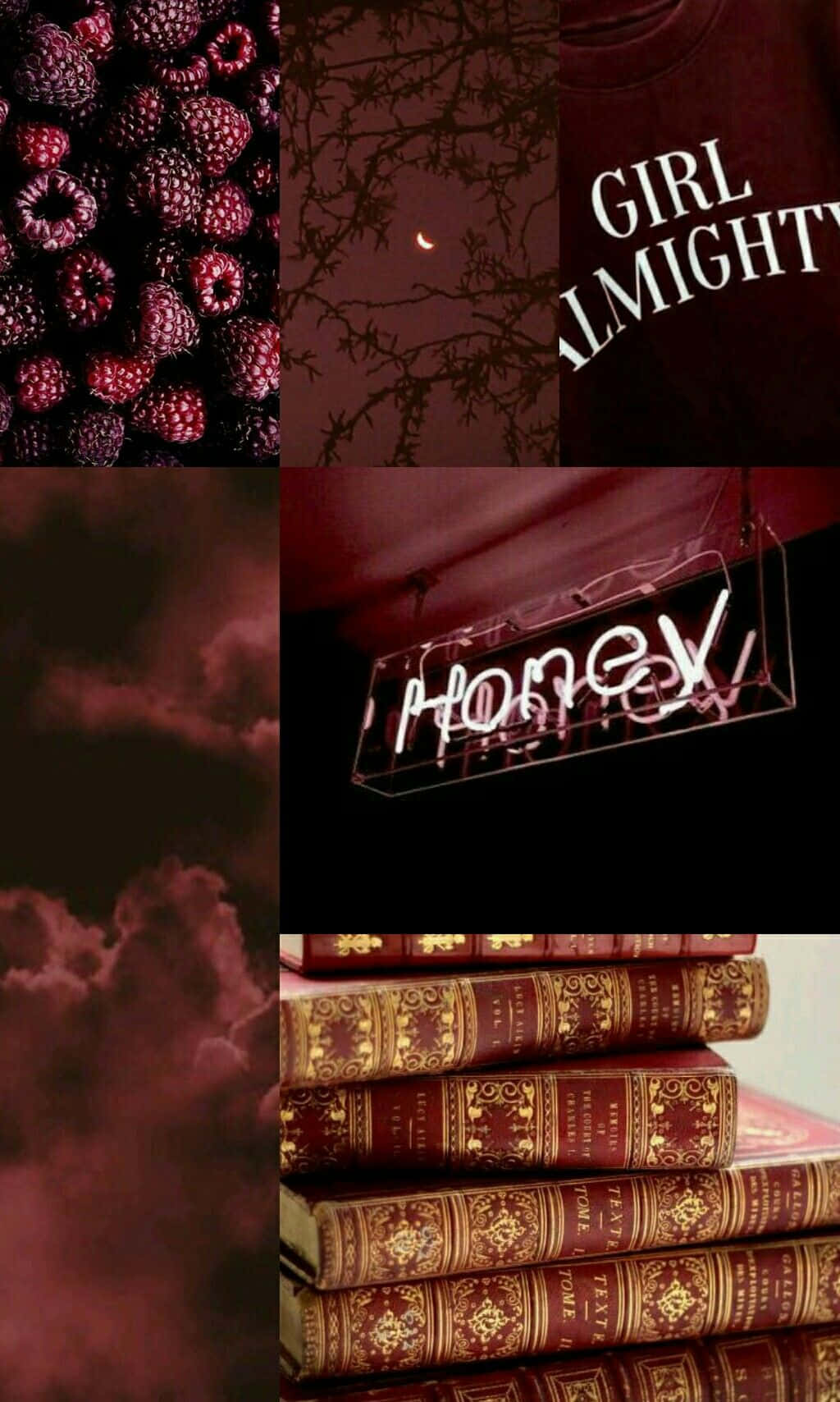 Maroon Aesthetic 桌布 壁紙 — 深紅覆盆子、月光下樹枝、復古書籍和發光蜂蜜標誌的陰鬱拼貼畫。