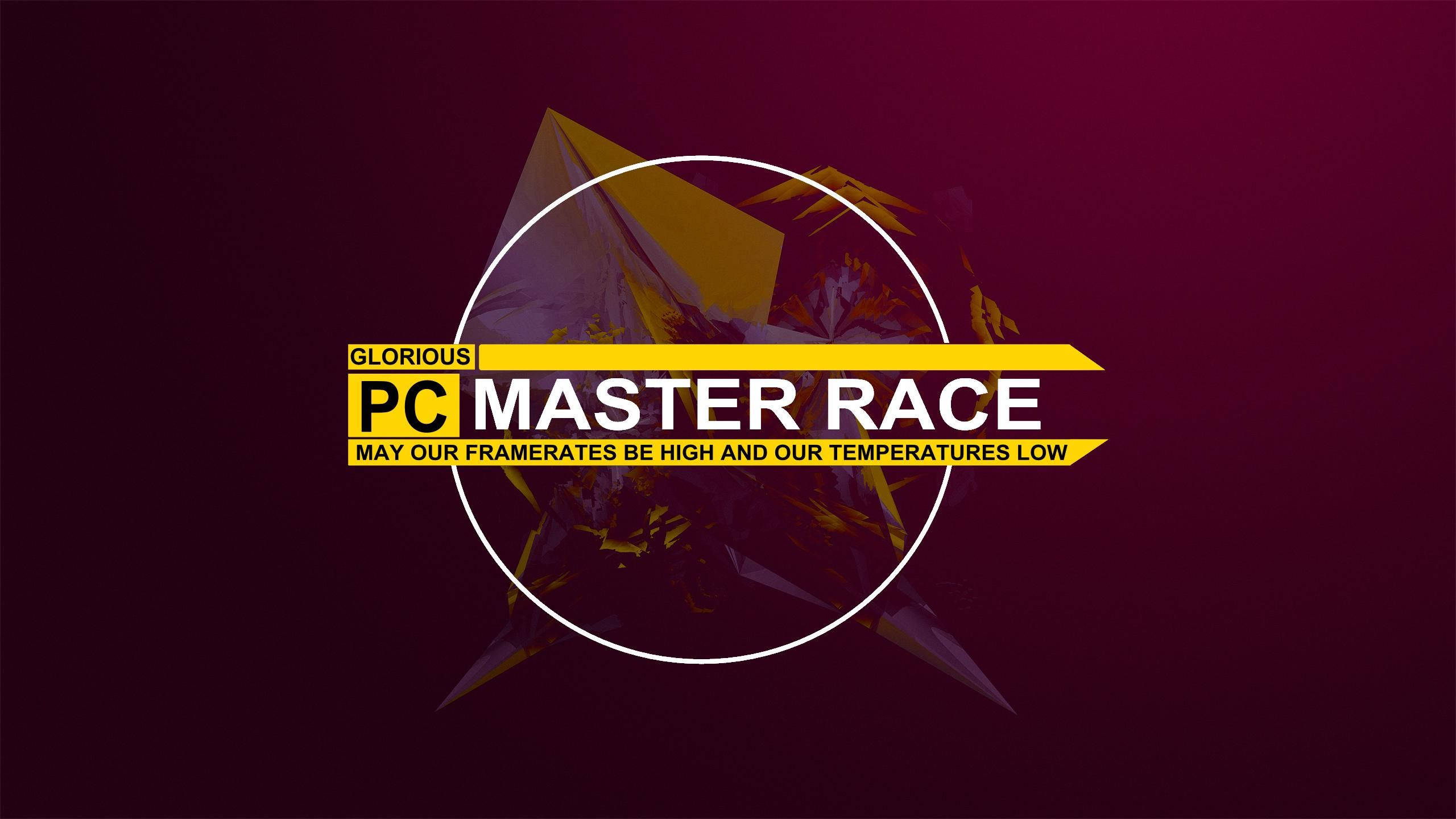 meme 桌布 壁紙 — 深紫紅色漸變背景上，黃色和白色的粗體「PC MASTER RACE」文字，搭配抽象幾何形狀。