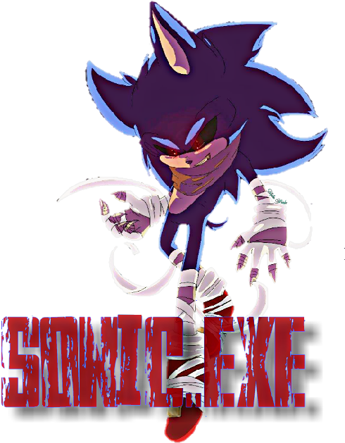 Sonic Exe 桌布 壁紙 — 深紫色刺蝟，發光的紅眼睛和繃帶纏繞的四肢，在黑色背景上動態擺姿勢，配有粗體紅色文字。