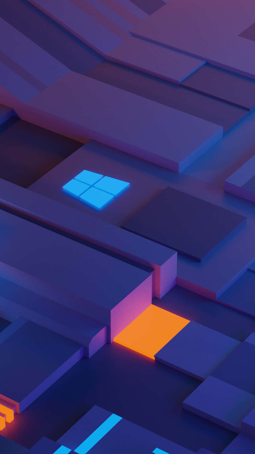 帶有藍色和橙色發光幾何塊的抽象數位景觀。 — Microsoft 壁紙