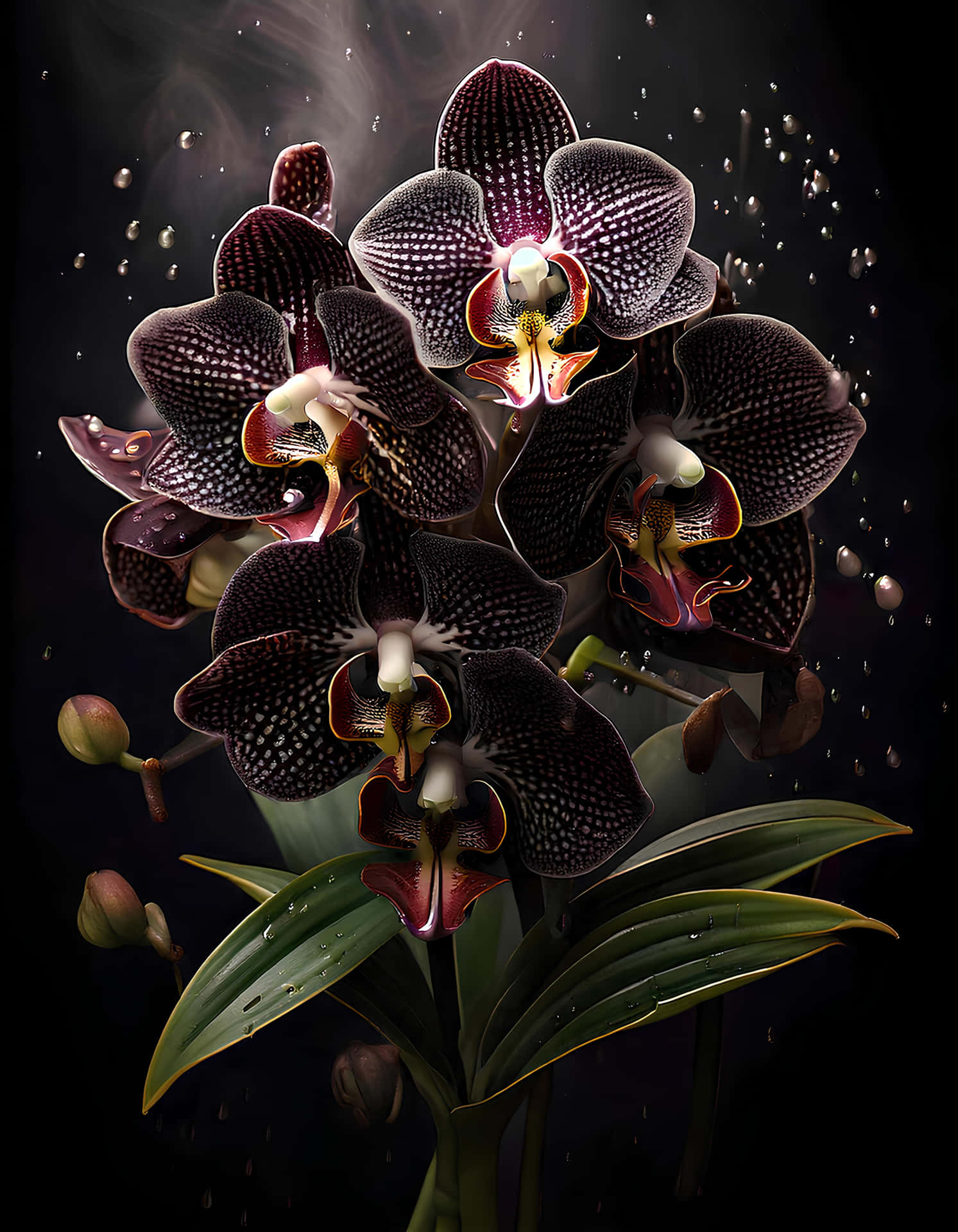 Orchids 壁紙 — 深紫色帶白色斑點的蘭花在黑色背景上戲劇性地綻放，並有漂浮的水滴。