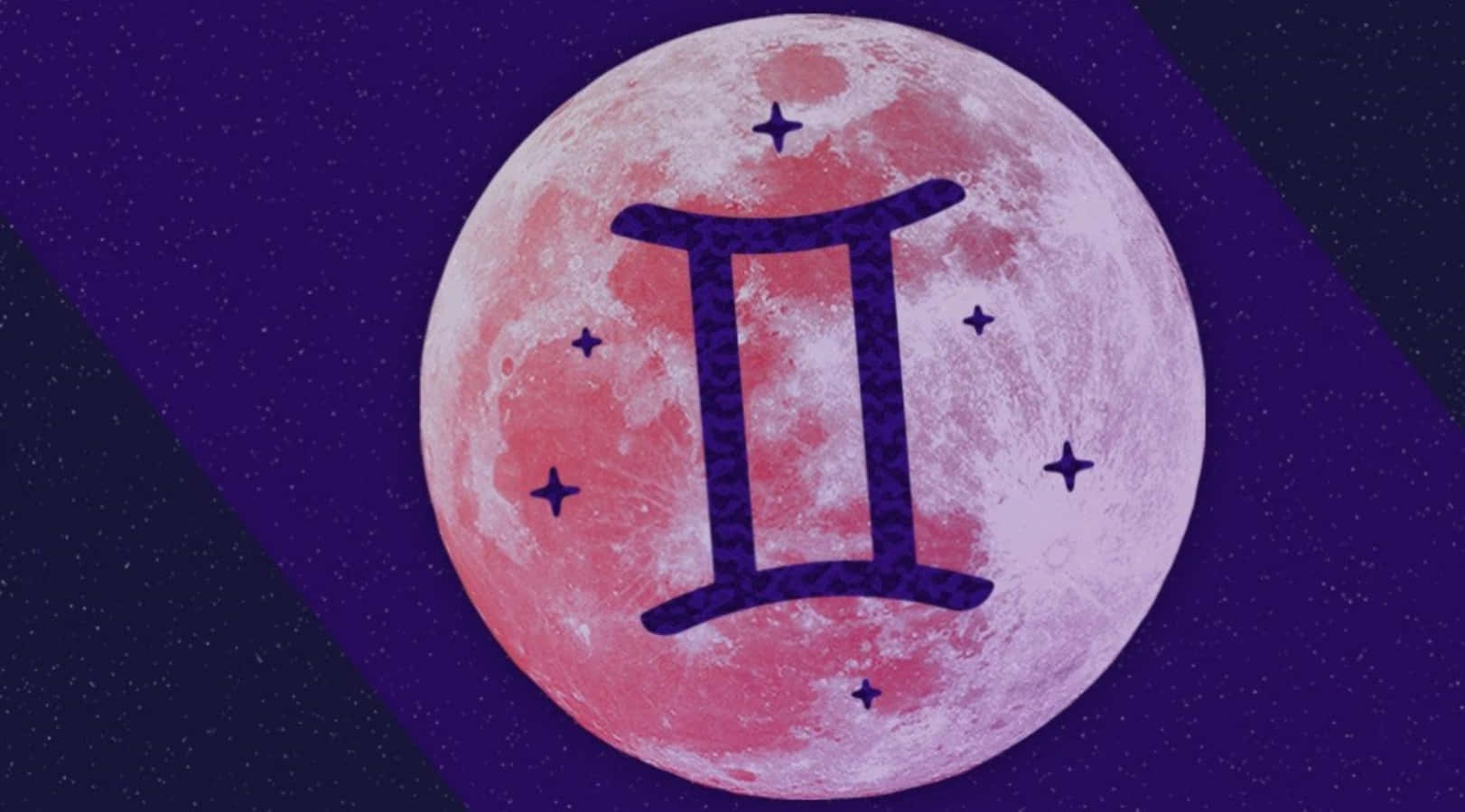 gemini 桌布 壁紙 — 深紫色星空下，帶有粉紅色月亮、深藍色金牛座符號和星星。