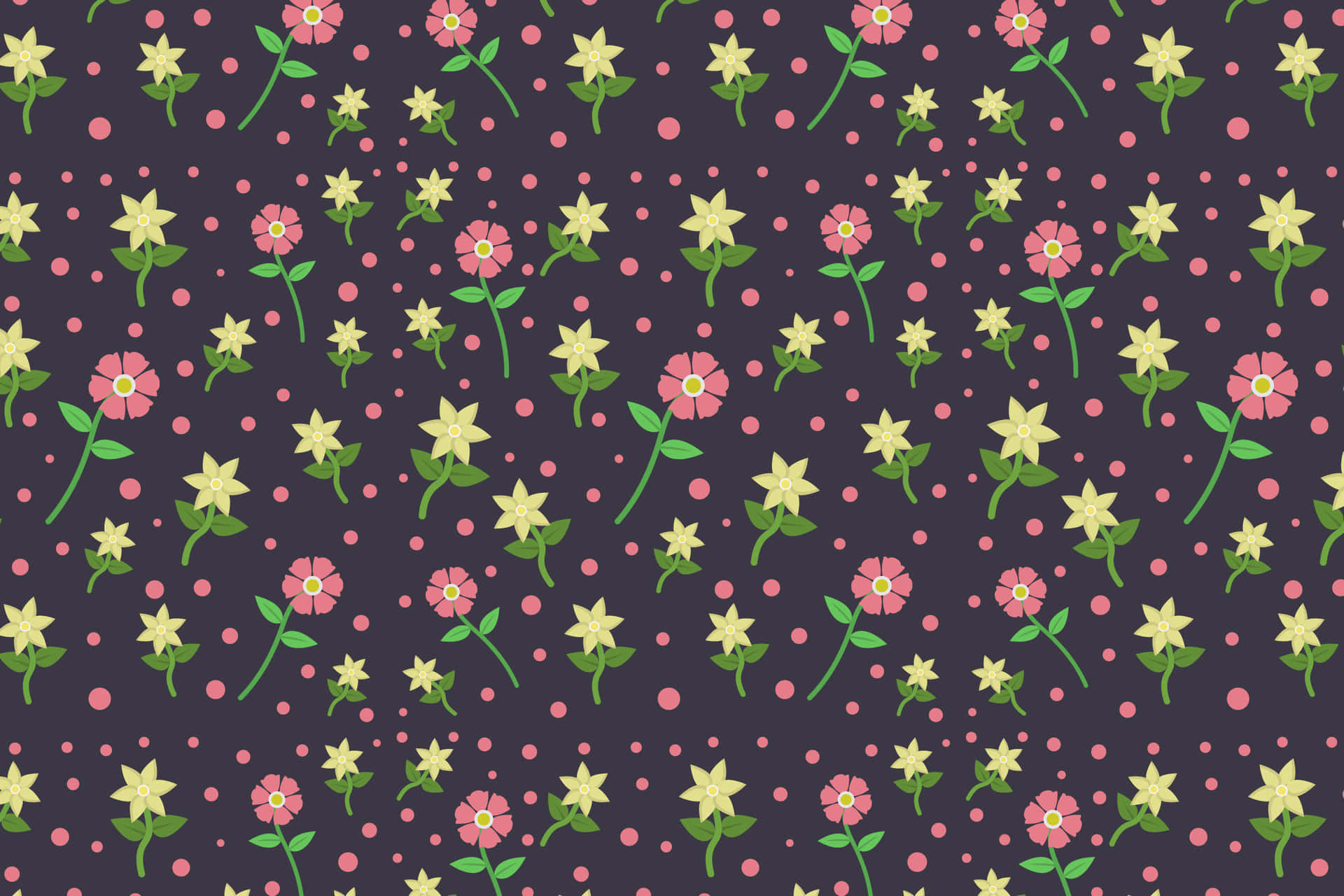 Flower pattern 壁紙 — 深紫色桌布，帶有散落的粉紅色和黃色花朵以及粉紅色圓點圖案。