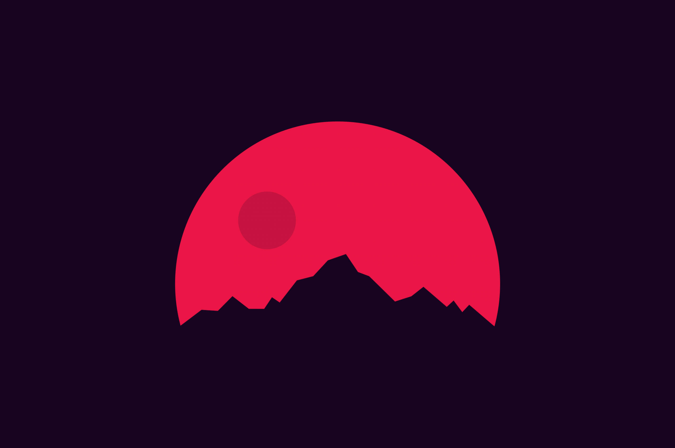 山景 桌布 壁紙 — 深紫色背景上，以鮮豔的紅色夕陽為背景的鋸齒狀山脈的極簡剪影。