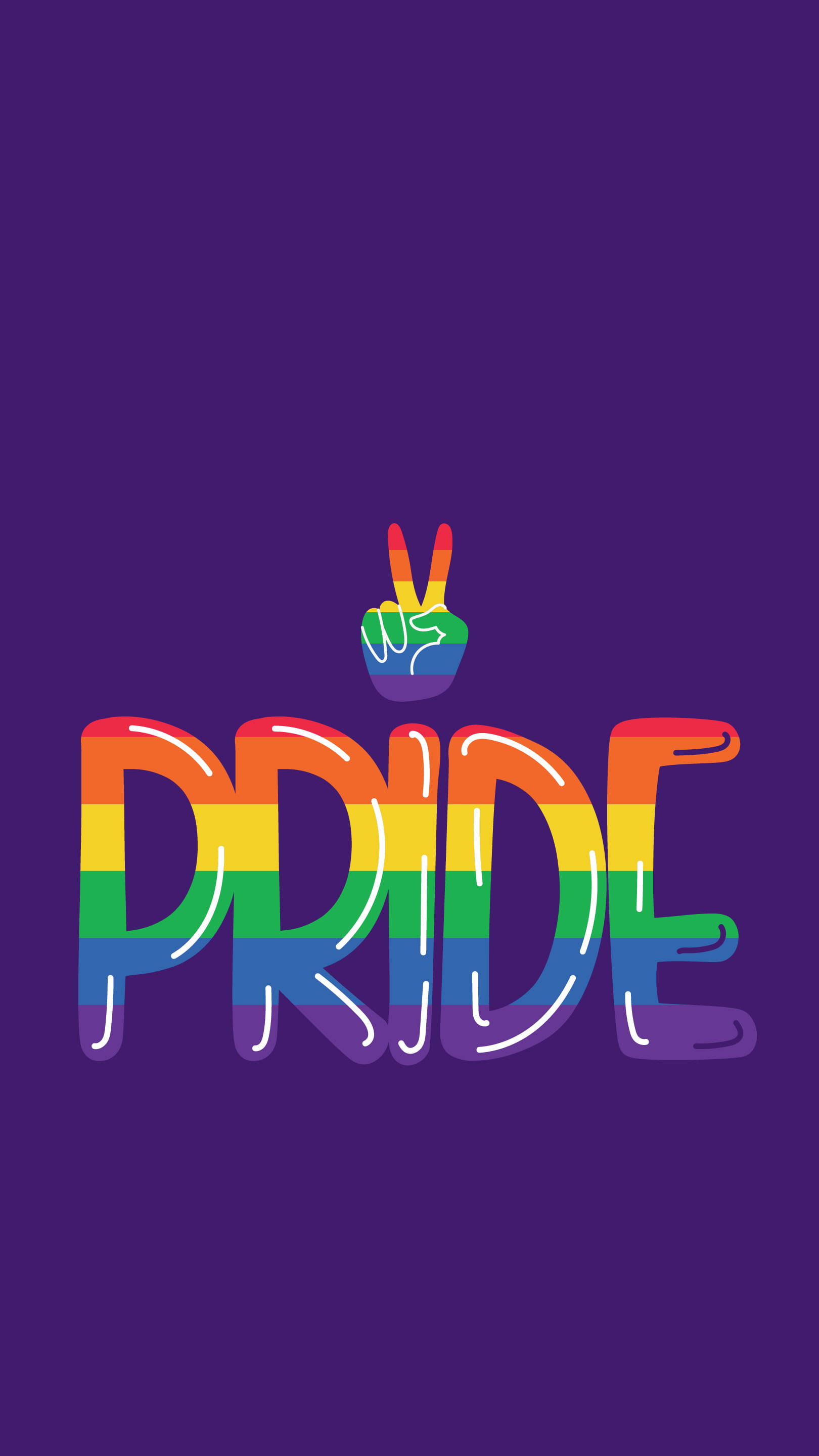 驕傲 桌布 壁紙 — 深紫色背景上，粗體彩虹色「PRIDE」文字，搭配一隻比出和平手勢的彩虹手。