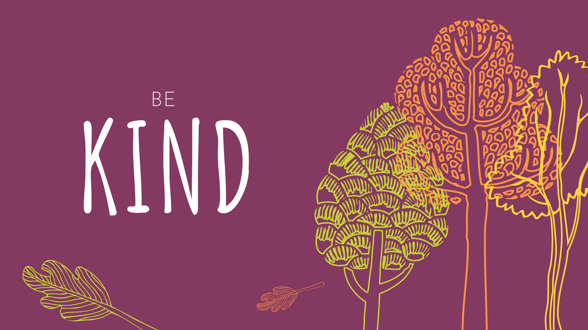 Kind 桌布 壁紙 — 深紫色背景上，粗體白色文字寫著「BE KIND」，並有暖黃色和橙色色調的風格化樹木和樹葉。