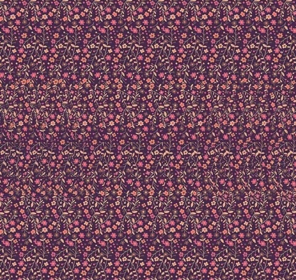 Magic Eye 桌布 壁紙 — 深紫色背景上，細小的粉紅色和蜜桃色花朵與細藤蔓形成密集圖案。