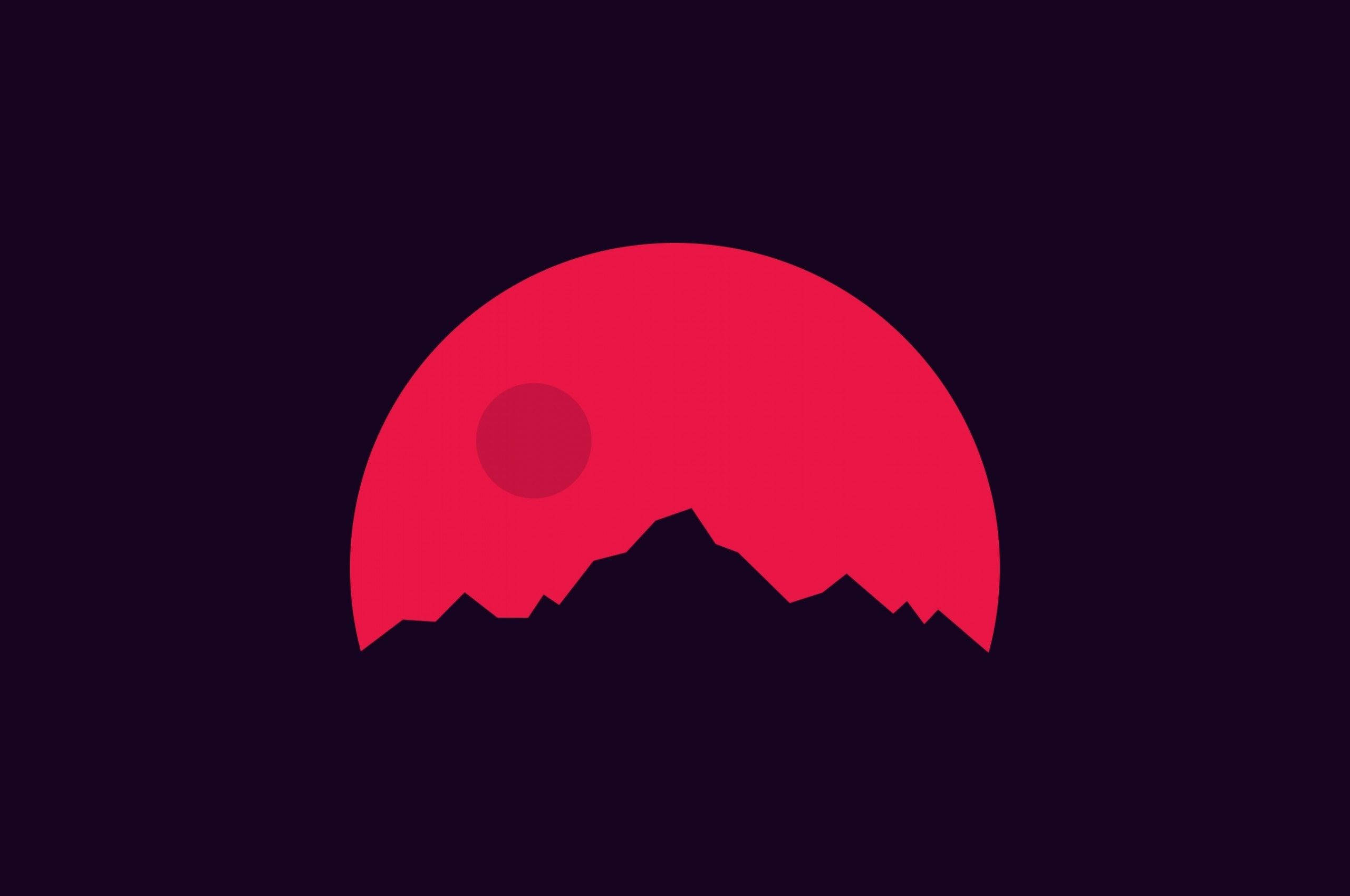 Red Mountain 桌布 壁紙 — 深紫色背景上，鋸齒狀山脈的極簡剪影，襯托著大膽的紅色日落。