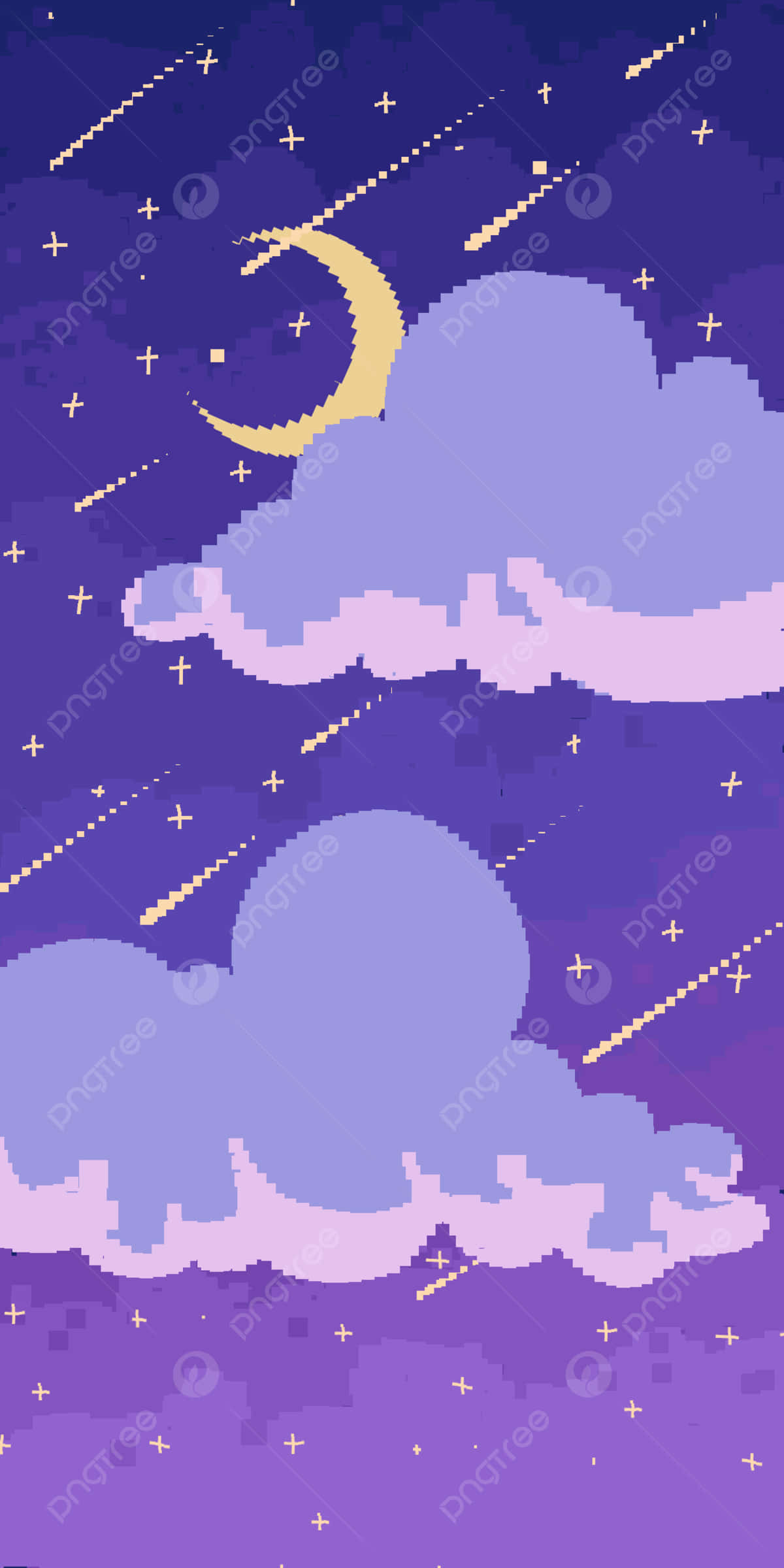 桌布 壁紙 — 深紫色背景上帶有新月、紫色雲朵和流星的像素藝術夜空。