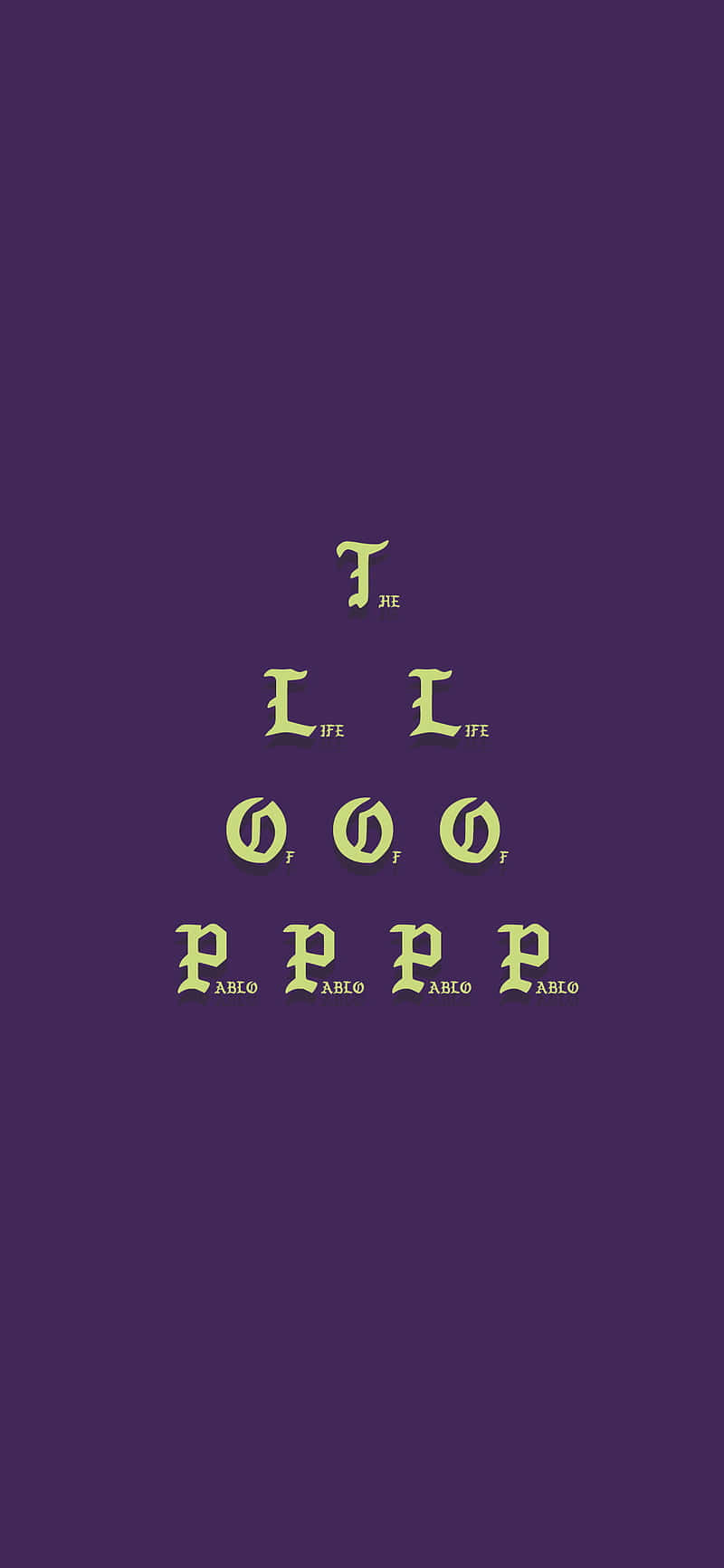 The Life Of Pablo 桌布 壁紙 — 深紫色背景上帶有淺綠色堆疊字母 T L O P 的極簡字體壁紙。