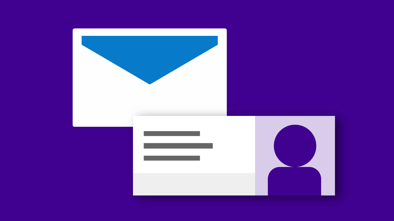 Yahoo Mail 桌布 壁紙 — 深紫色背景上白色信封和聯絡卡片的極簡數位插圖。