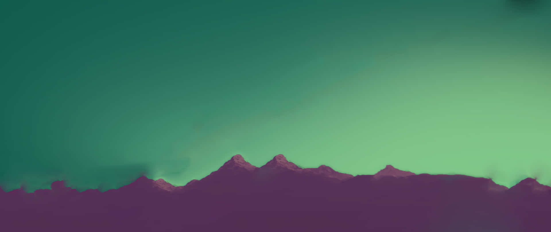 Cyan Aesthetic 桌布 壁紙 — 深紫色風格化山脈剪影，背景為藍綠色和綠色漸變天空。