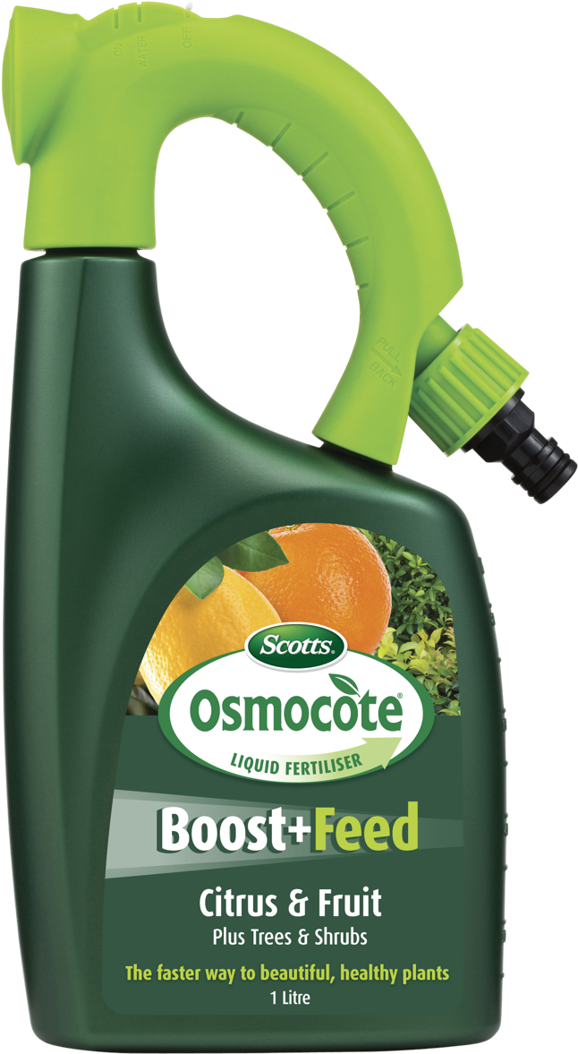 Logo Design 桌布 壁紙 — 深綠色Scotts Osmocote液體肥料瓶，配有萊姆綠色扳機噴頭和柑橘水果標籤。
