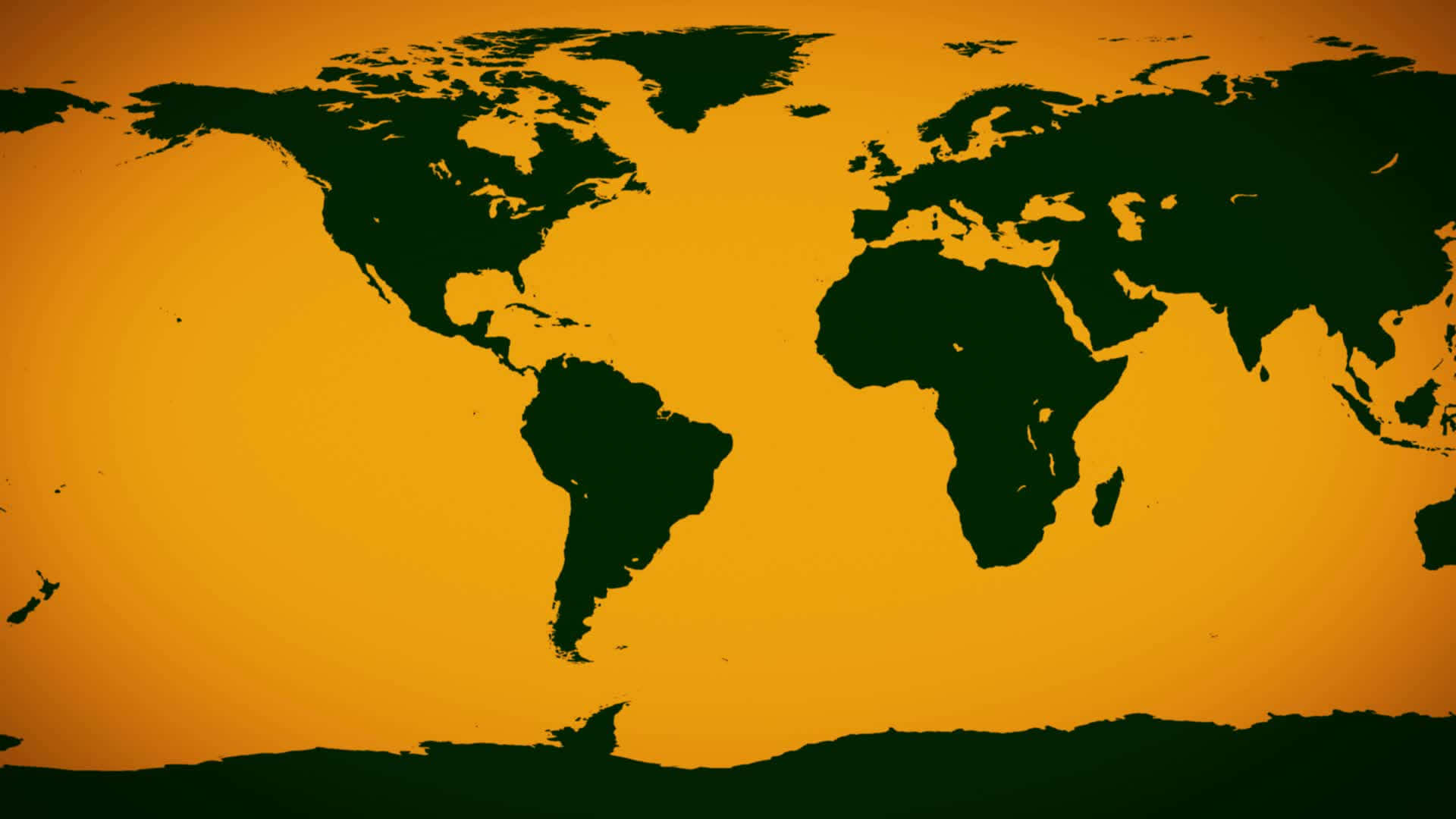 World 桌布 壁紙 — 深綠色世界地圖剪影，襯以溫暖漸層橙色背景，帶有細微紋理。