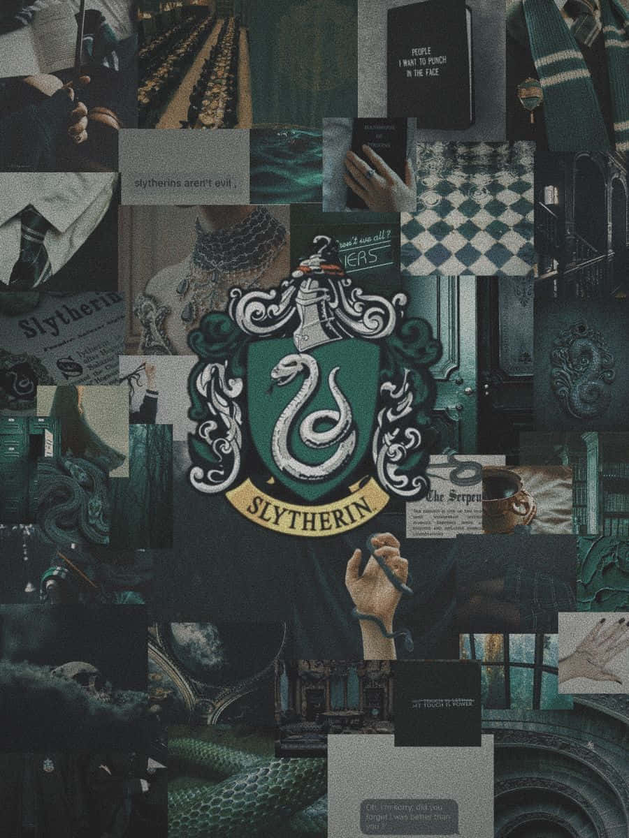 Slytherin Phone 桌布 壁紙 — 深綠色史萊哲林學院拼貼畫，包含院徽、語錄及主題圖像，呈現陰鬱美學。