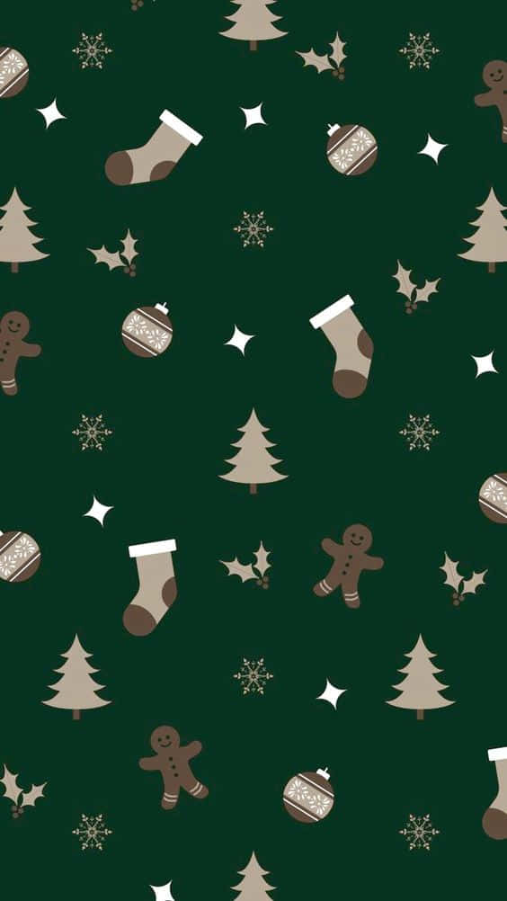 Dark Christmas 桌布 壁紙 — 深綠色壁紙，帶有節日薑餅人、聖誕襪、裝飾品和雪花的圖案。