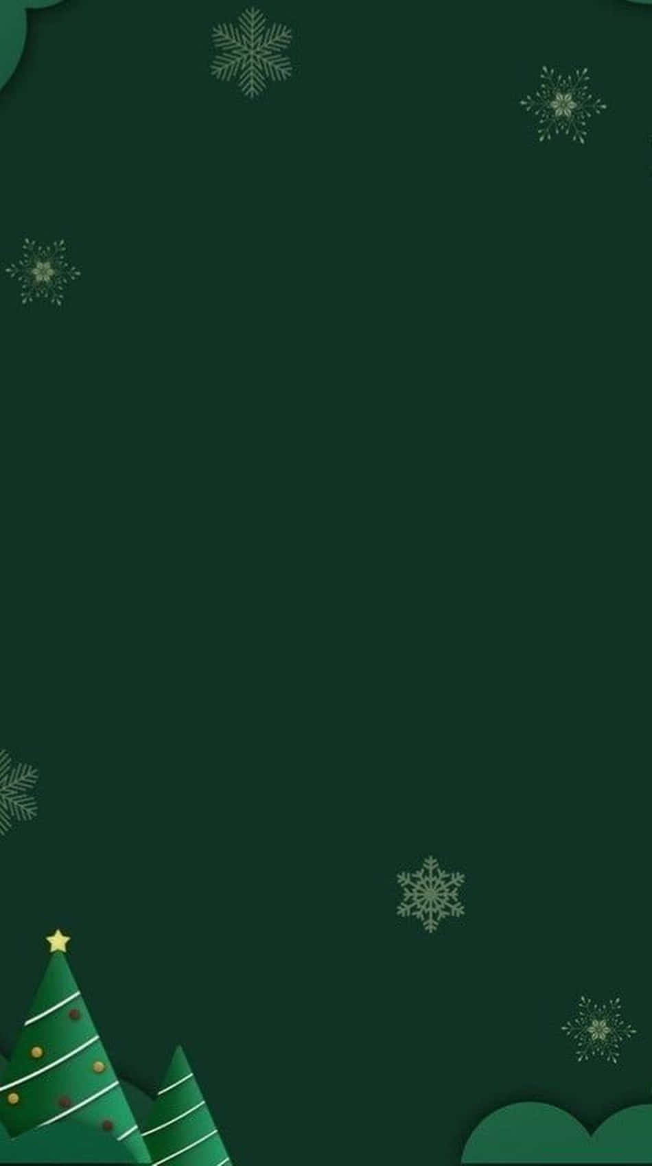 Dark Christmas 桌布 壁紙 — 深綠色壁紙，角落有簡約風剪紙聖誕樹和雪花。