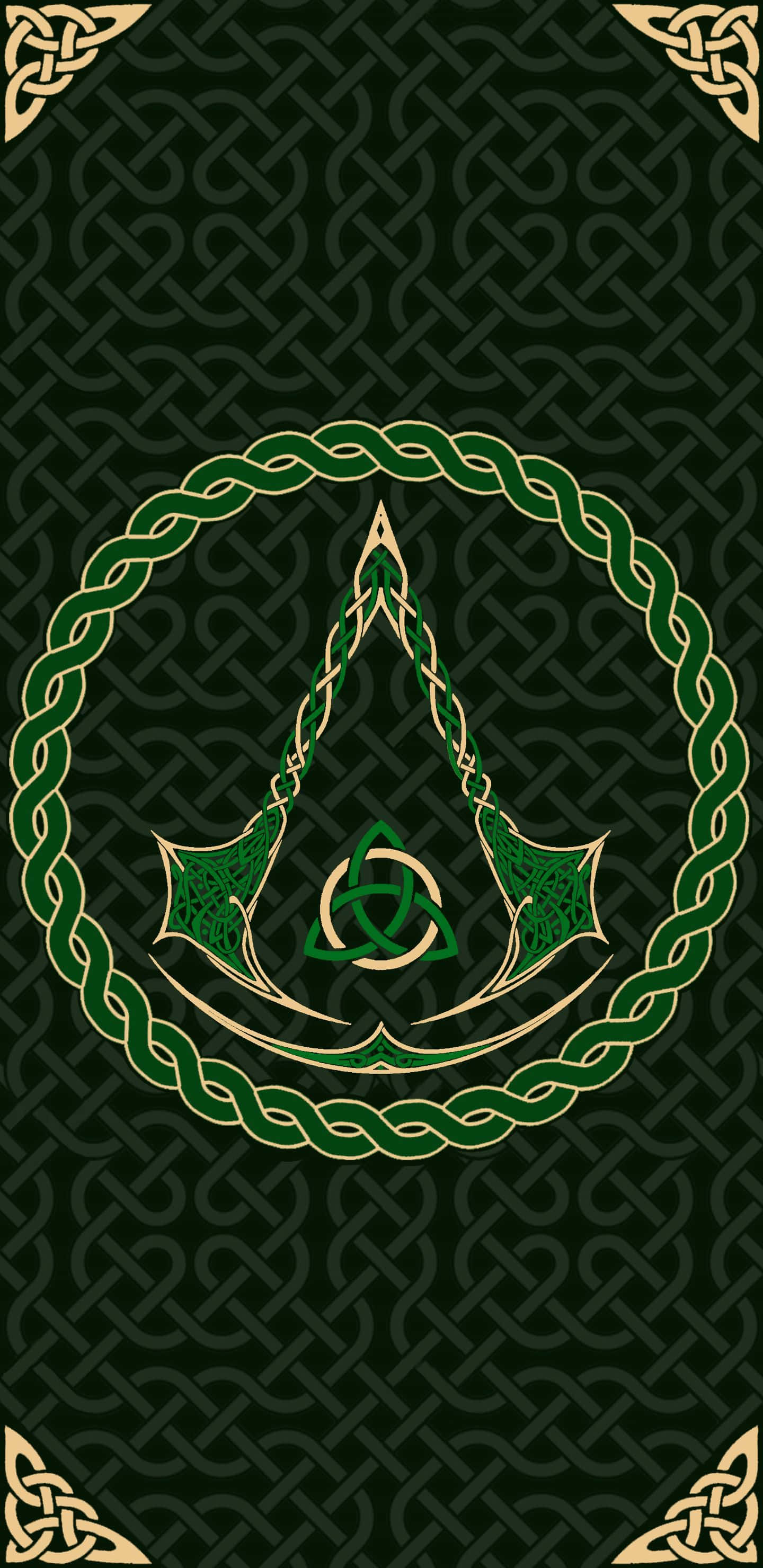 Celtic 桌布 壁紙 — 深綠色壁紙，飾有金色和綠色的凱爾特結飾，中央為三曲腿圖案和四葉草圖案。