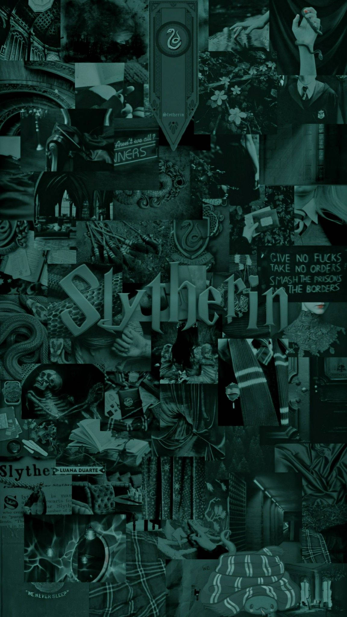 Slytherin Aesthetic 桌布 壁紙 — 深綠色拼貼壁紙，以《哈利波特》中史萊哲林學院的圖像、語錄和符號為特色。