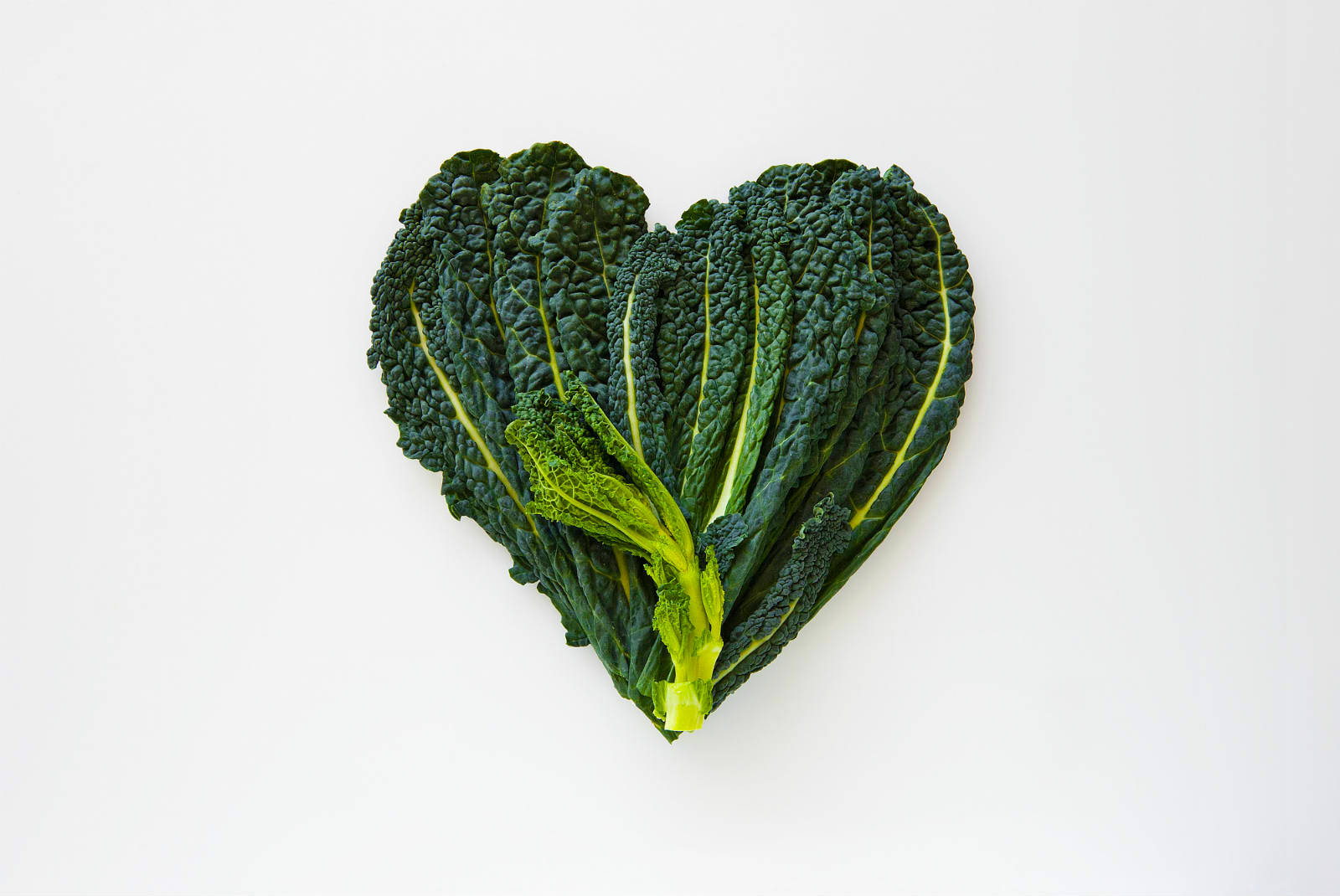 Cabbage 桌布 壁紙 — 深綠色捲曲羽衣甘藍葉片排列成心形，帶有鮮黃色葉脈，襯以純白背景。