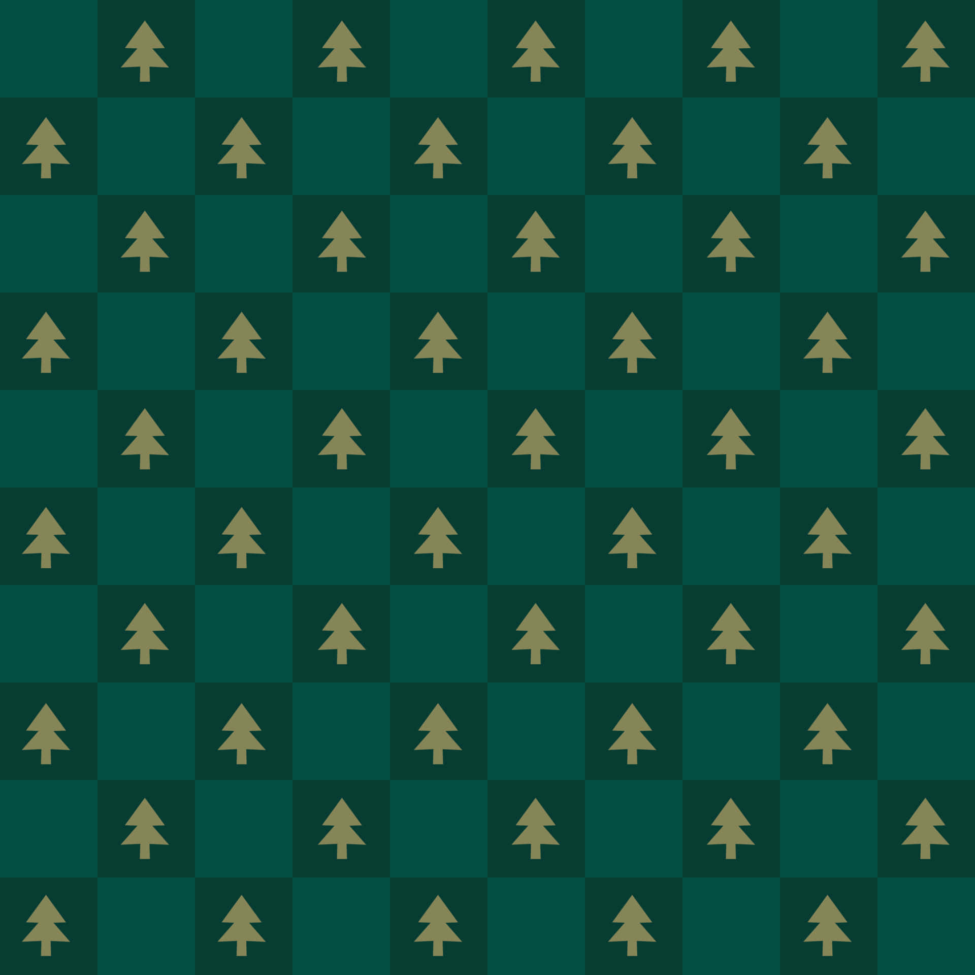Vintage Christmas 桌布 壁紙 — 深綠色棋盤格背景上重複的金色松樹圖案。