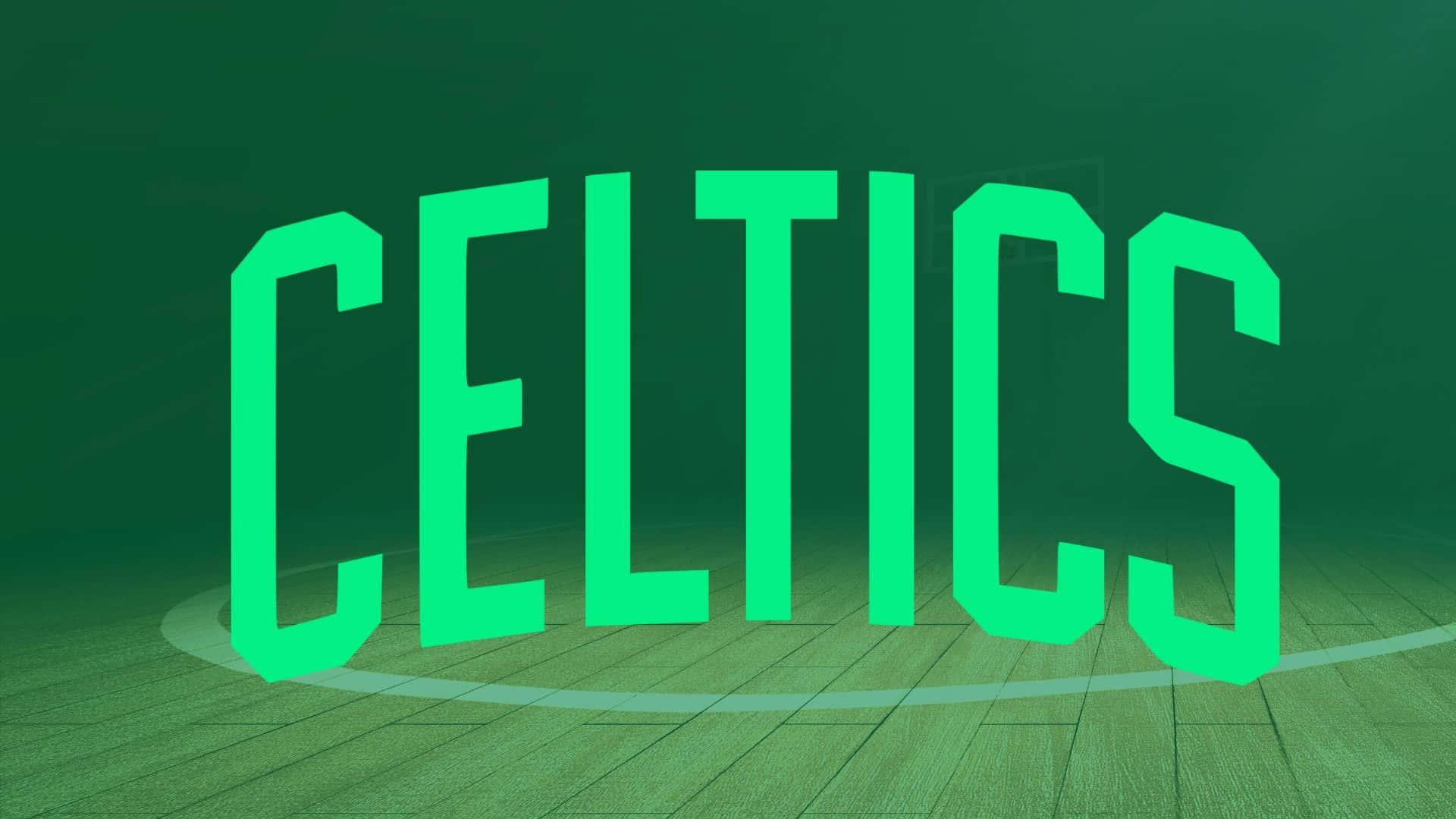Celtics 桌布 壁紙 — 深綠色漸變背景的籃球場地上，粗體綠色 'CELTICS' 字母。